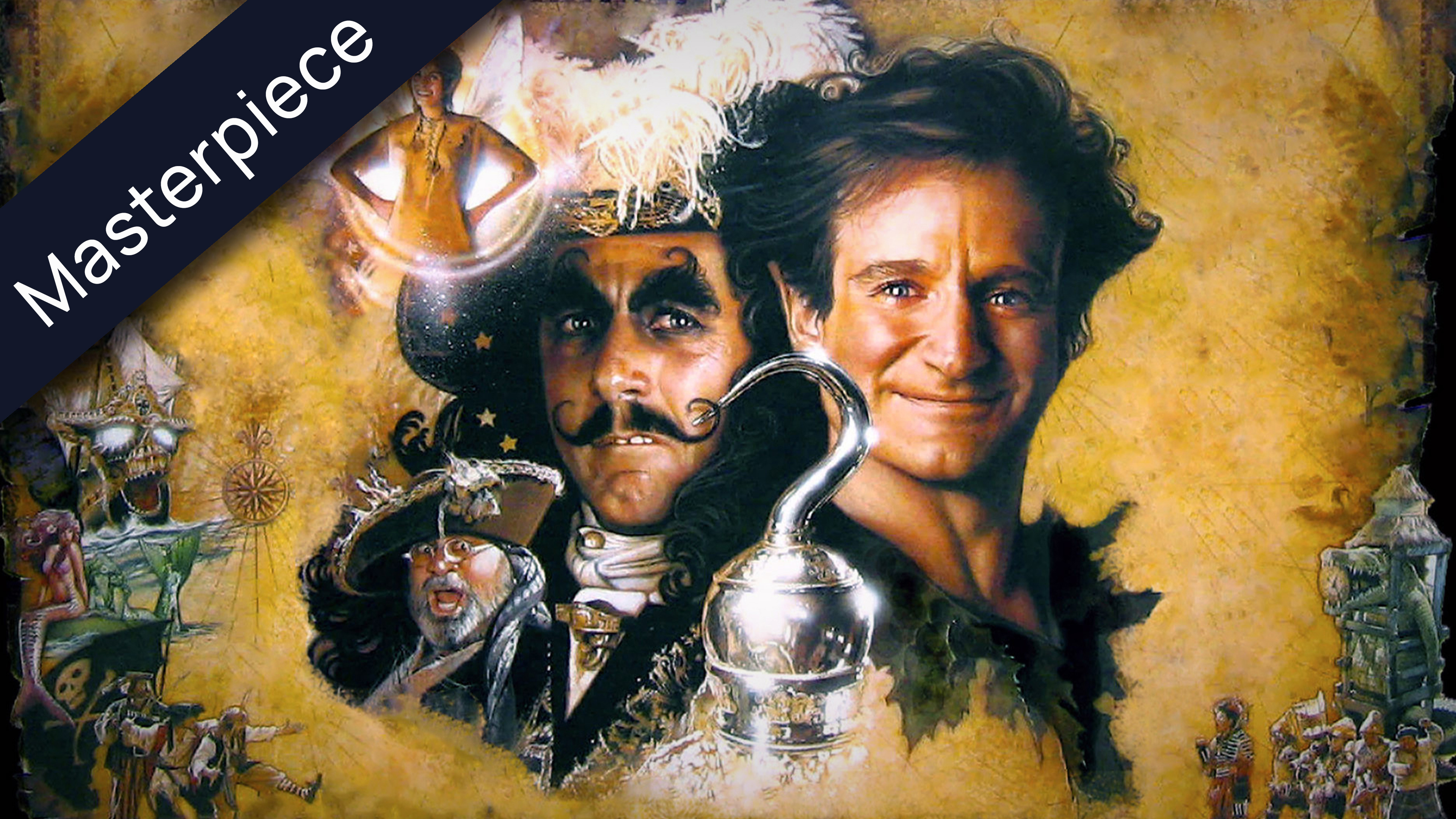 Movie poster for Hook (1991) featuring Robin Williams as Peter Pan, Dustin Hoffman as Captain Hook, Julia Roberts as Tinker Bell, and other characters, with a Masterpiece banner in the top left corner.