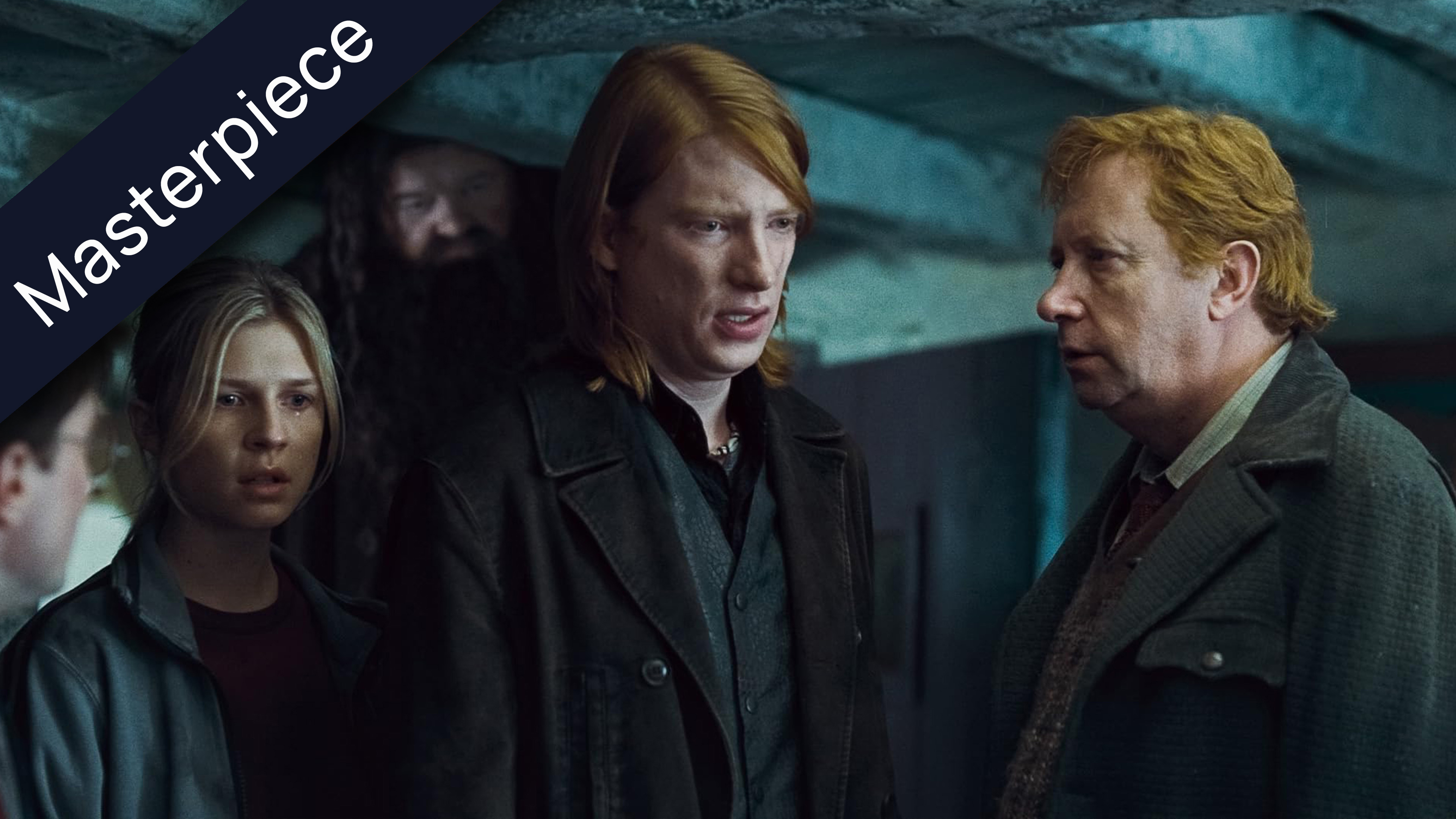 Bill Weasley, Fleur Delacour, and Arthur Weasley from Harry Potter, with Hagrid in the background, in the Chamber of Secrets.