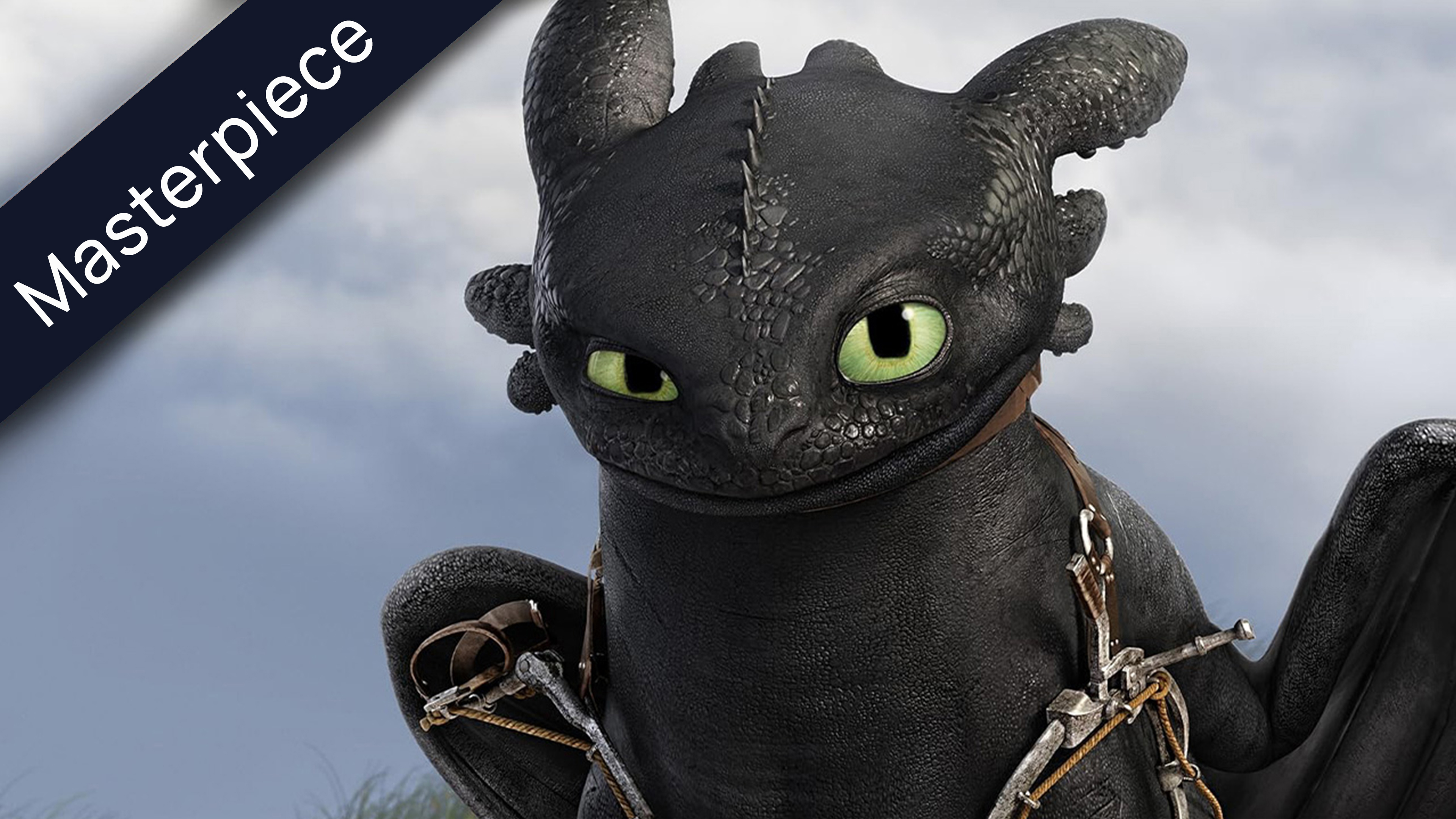 Toothless the black dragon from How to Train Your Dragon, with vibrant green eyes and a Masterpiece banner in the upper left corner.