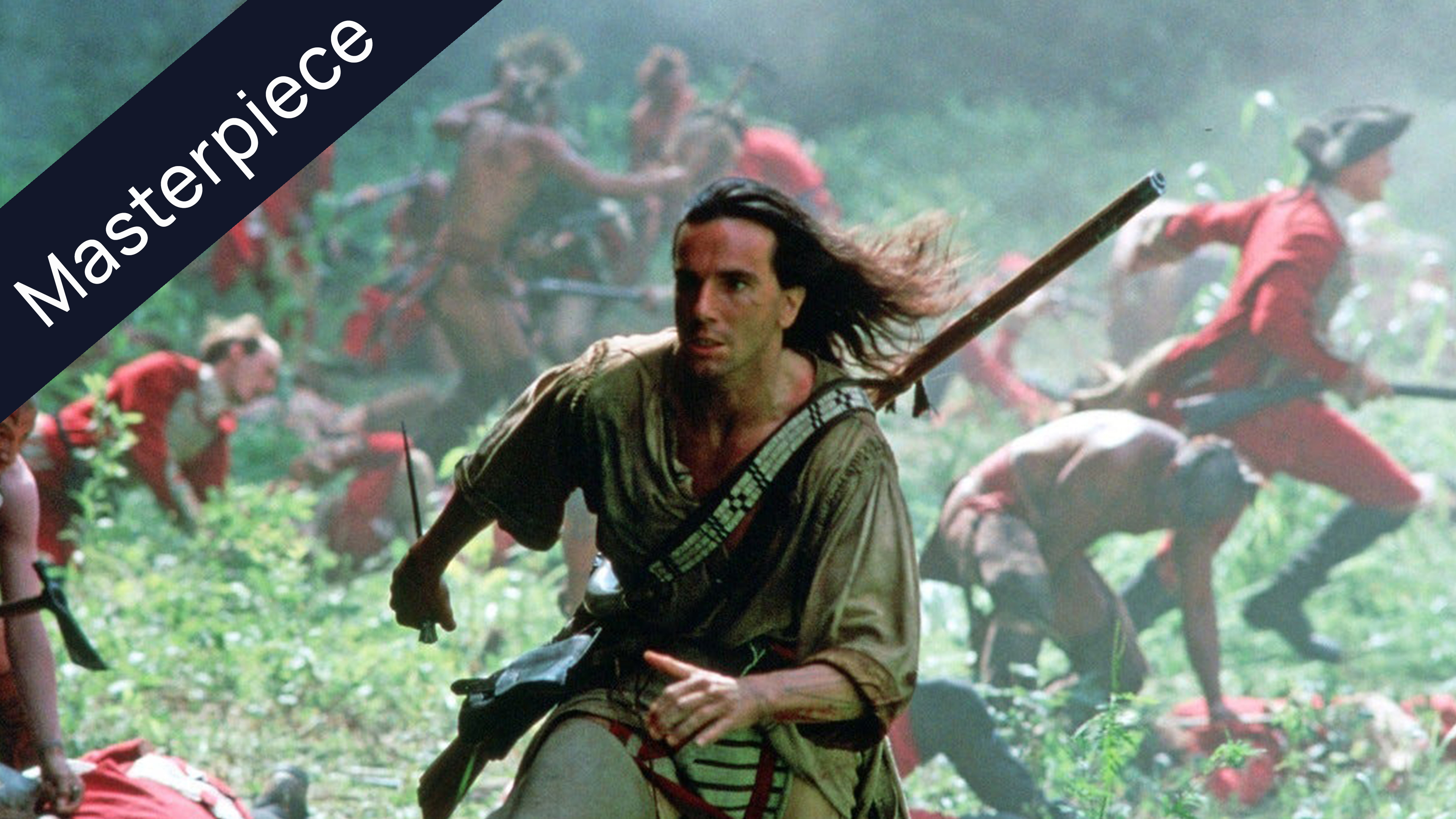 Viggo Mortensen as Hawkeye running through a forest battlefield, holding a rifle, with British soldiers in red coats and Native Americans engaged in combat, from the movie The Last of the Mohicans, indicated as a masterpiece