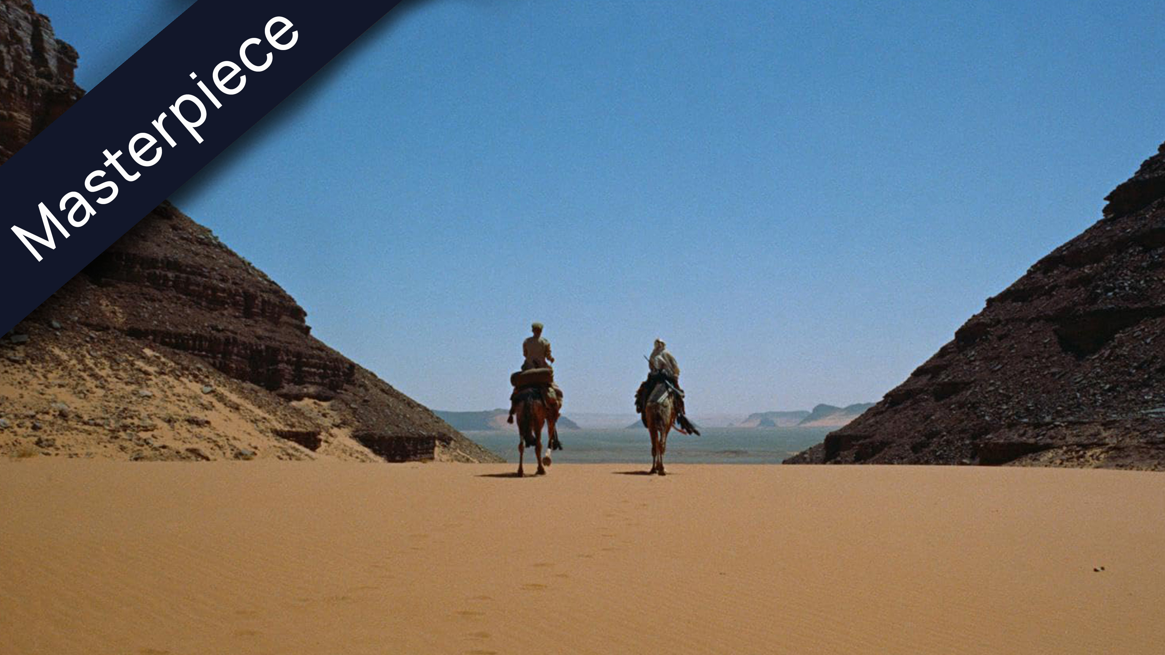 Two figures on camels trek across an expansive desert, framed by rocky formations under a clear blue sky. A black banner with white text Masterpiece diagonally crosses the top left corner.