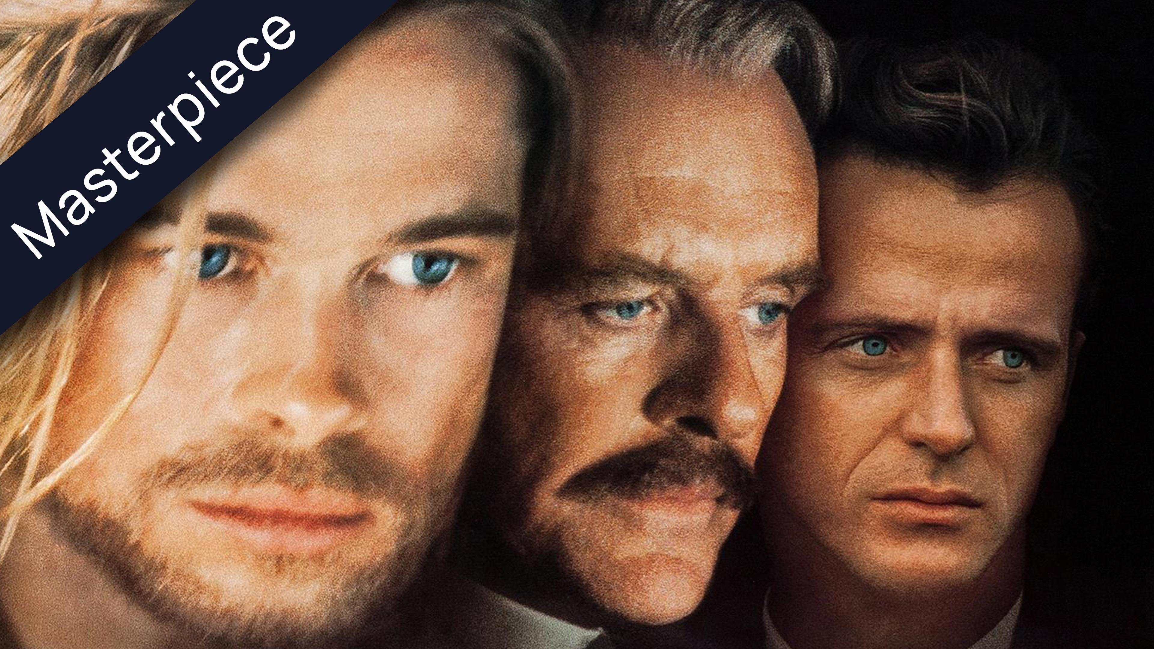 Movie poster featuring three men with blue eyes, two looking left, one looking right, with a diagonal dark blue banner across the upper left corner displaying the white text Masterpiece.