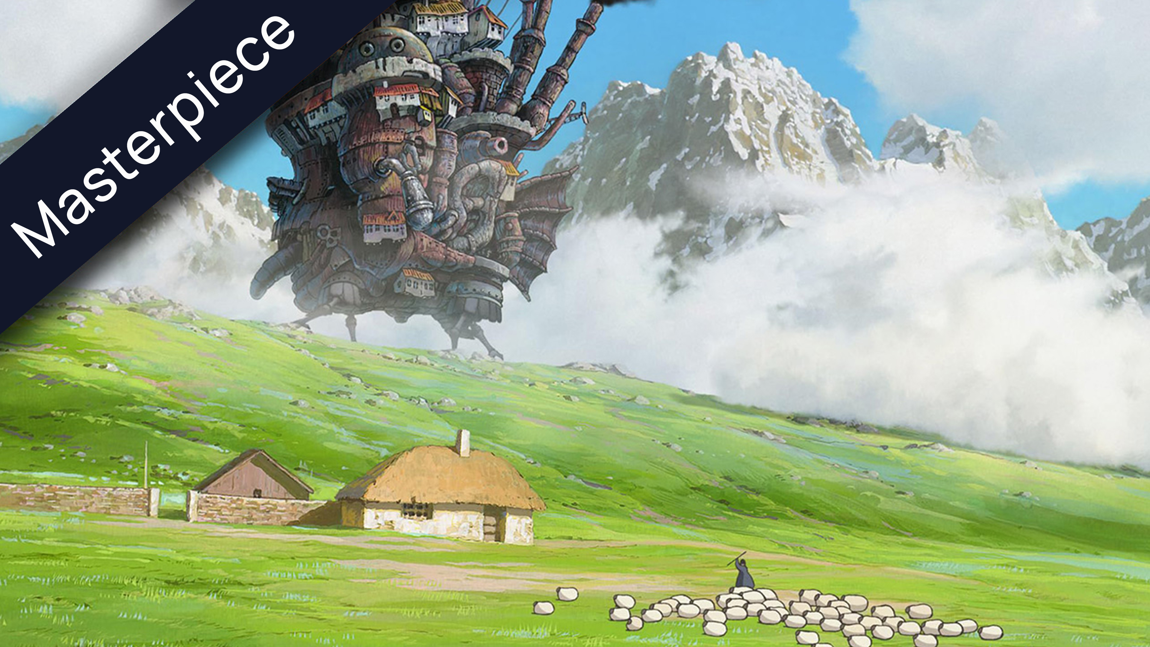 Howl's Moving Castle anime masterpiece, a fantastical steampunk castle with houses, pipes, and wings on mechanical legs, hovering over a green valley with a shepherd, sheep, and small cottages, with majestic, snow-capped mountains and clouds in the background.