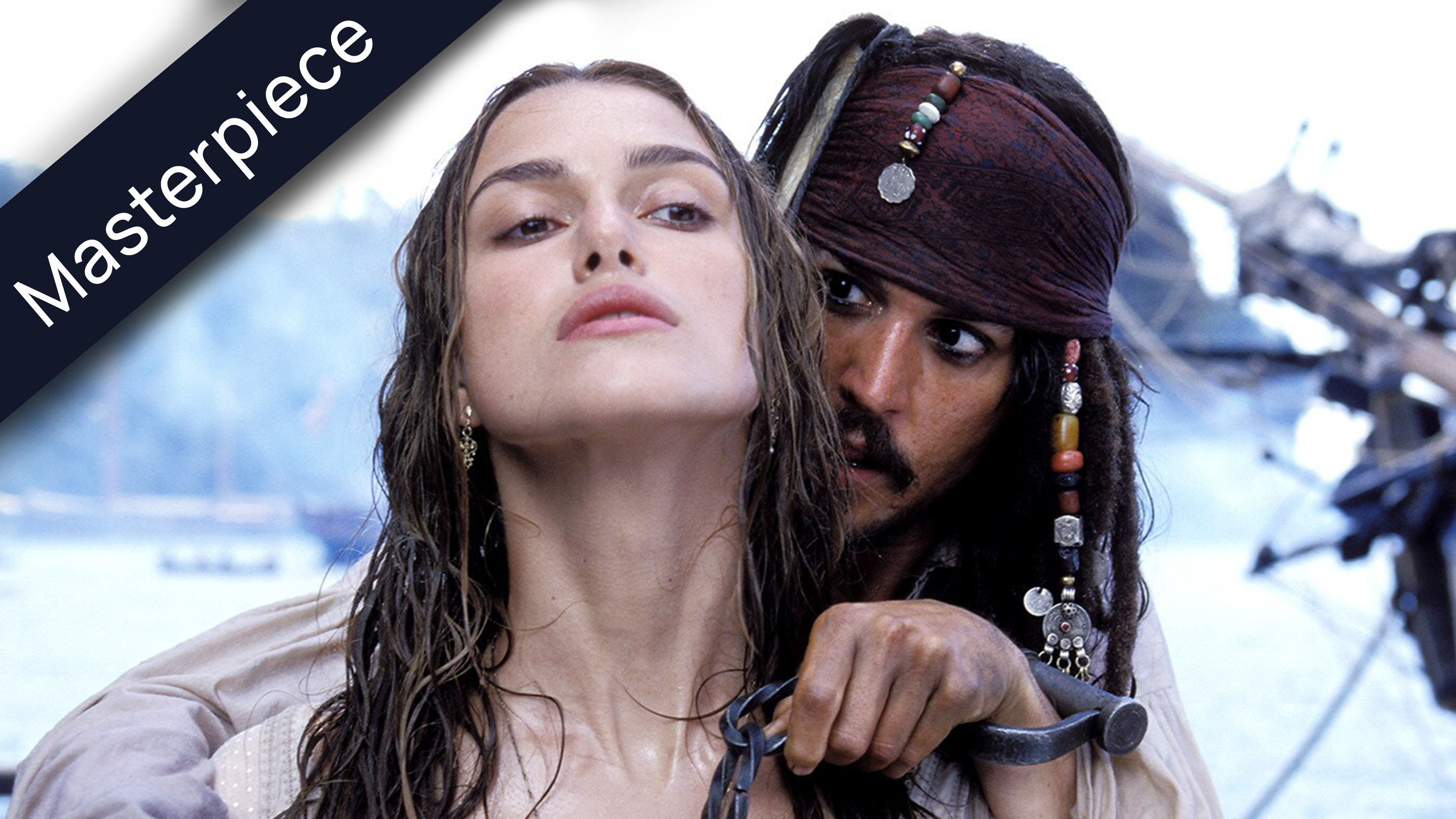 Jack Sparrow holding Elizabeth Swann with a metal chain from Pirates of the Caribbean: The Curse of the Black Pearl, featuring Jack's pirate attire and Elizabeth's wet hair and dress, suggesting a scene on a ship or near water.
