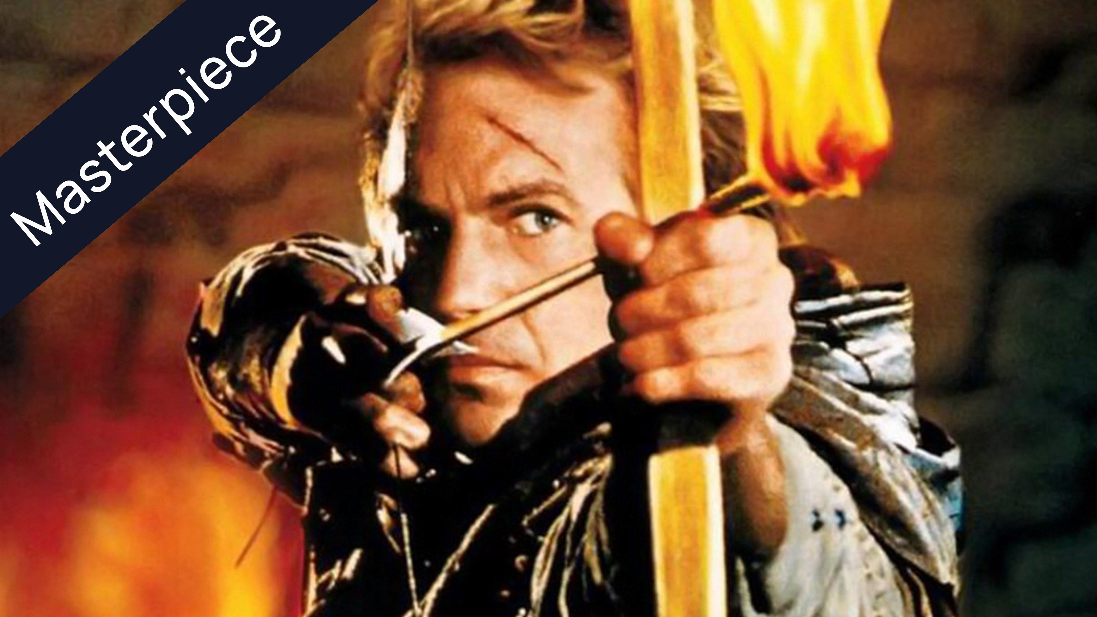 Kurt Russell as Snake Plissken aiming a bow and arrow with a flaming tip, a masterpiece movie poster.