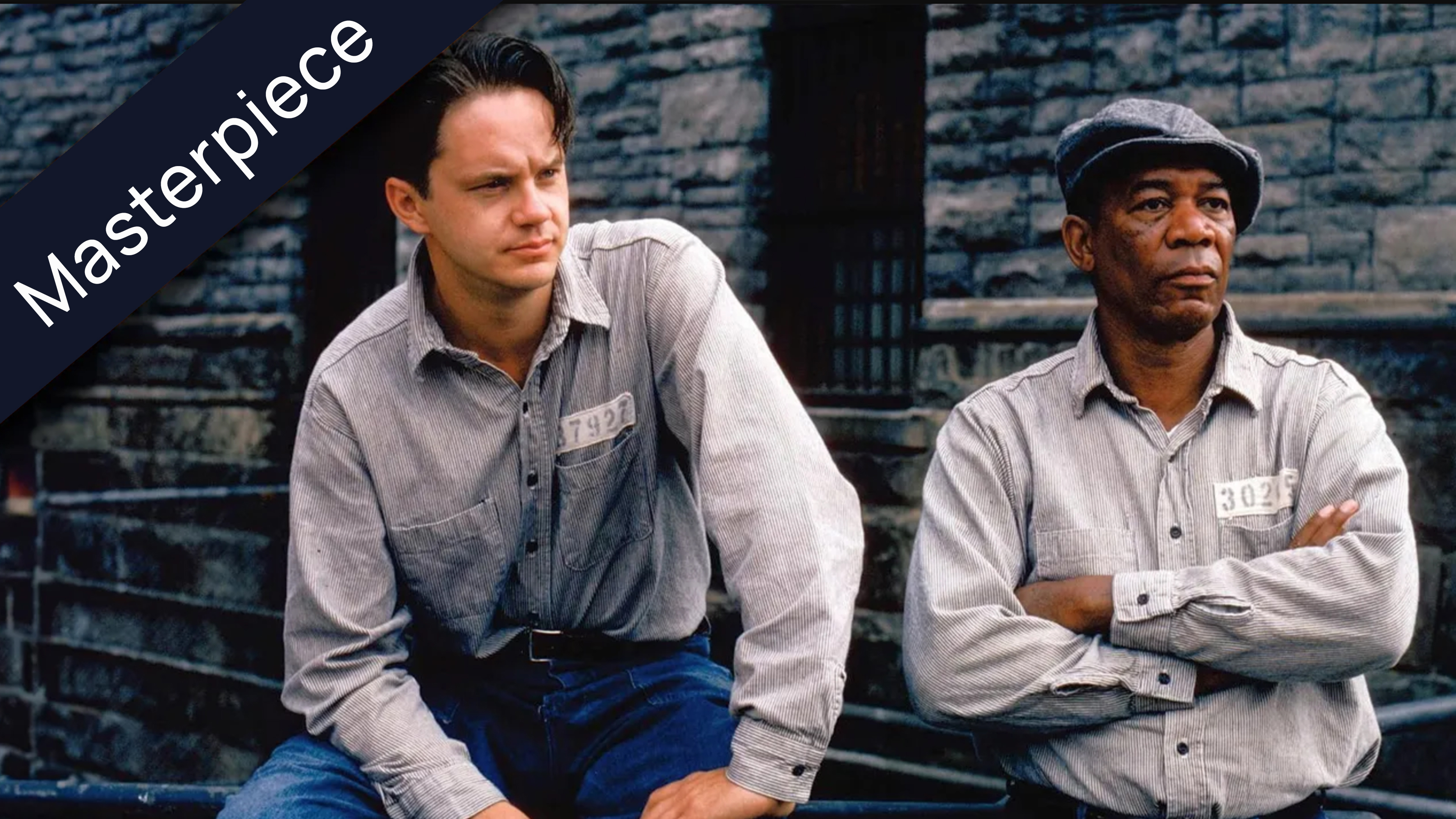 Tim Robbins and Morgan Freeman portraying Andy Dufresne and Red Redding in The Shawshank Redemption, a masterpice film about hope and friendship in prison.