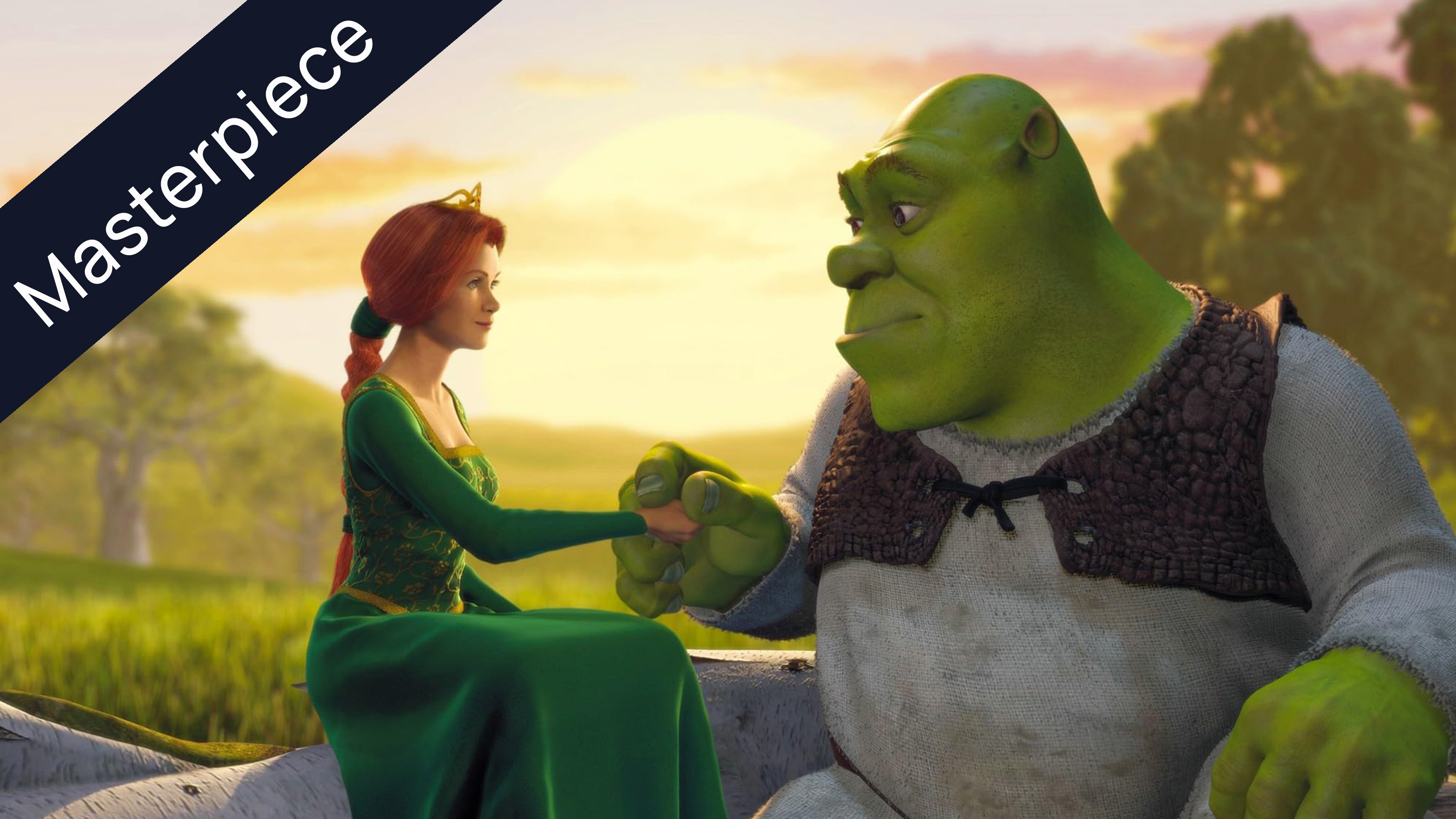 Princess Fiona and Shrek holding hands in a field, with a Masterpiece banner on the top left corner, Shrek the Third movie scene.