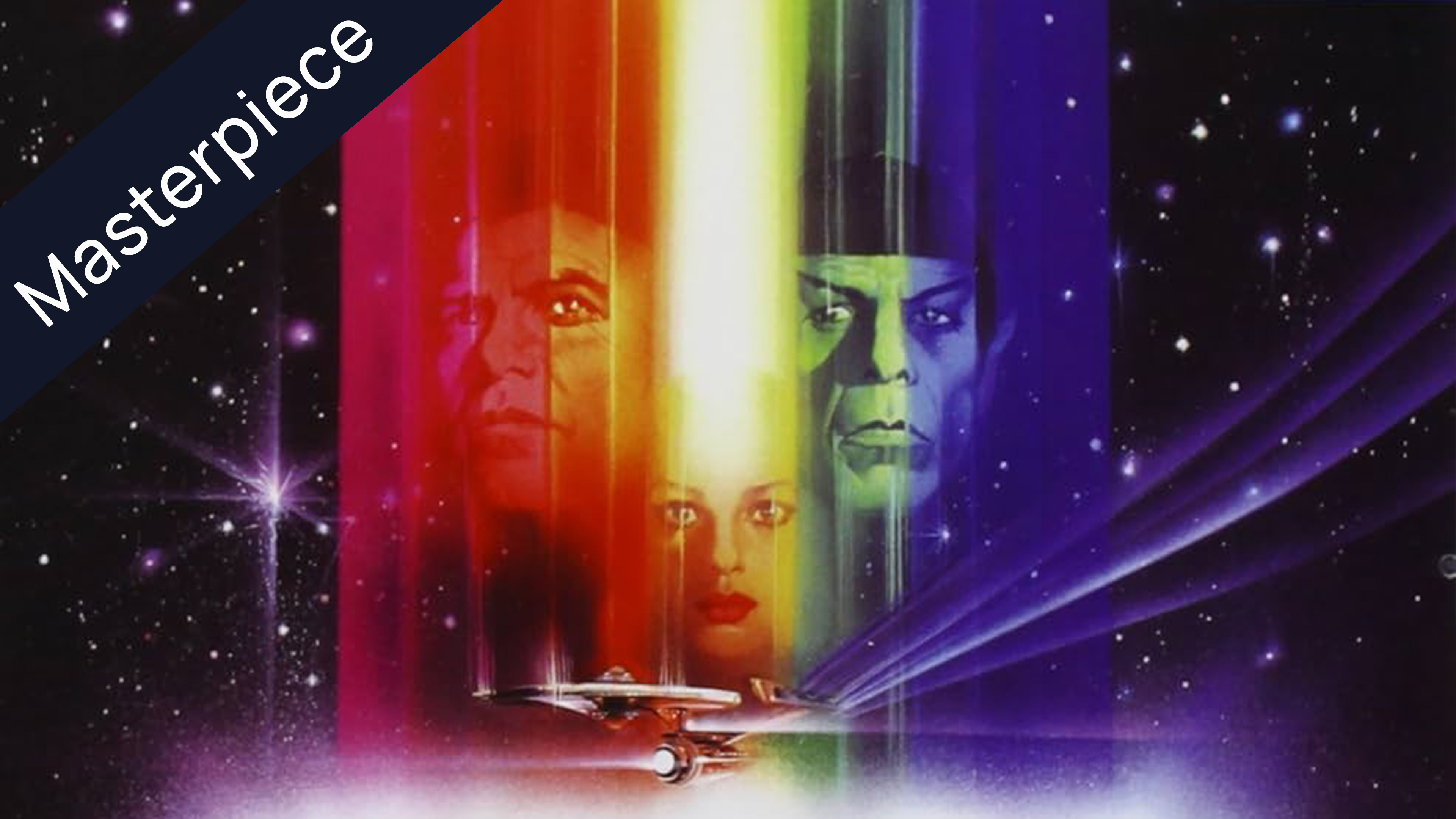 Star Trek movie poster with Captain Kirk, Spock, and a woman in colorful light beams, the USS Enterprise flying below against a starry black sky, labeled Masterpiece