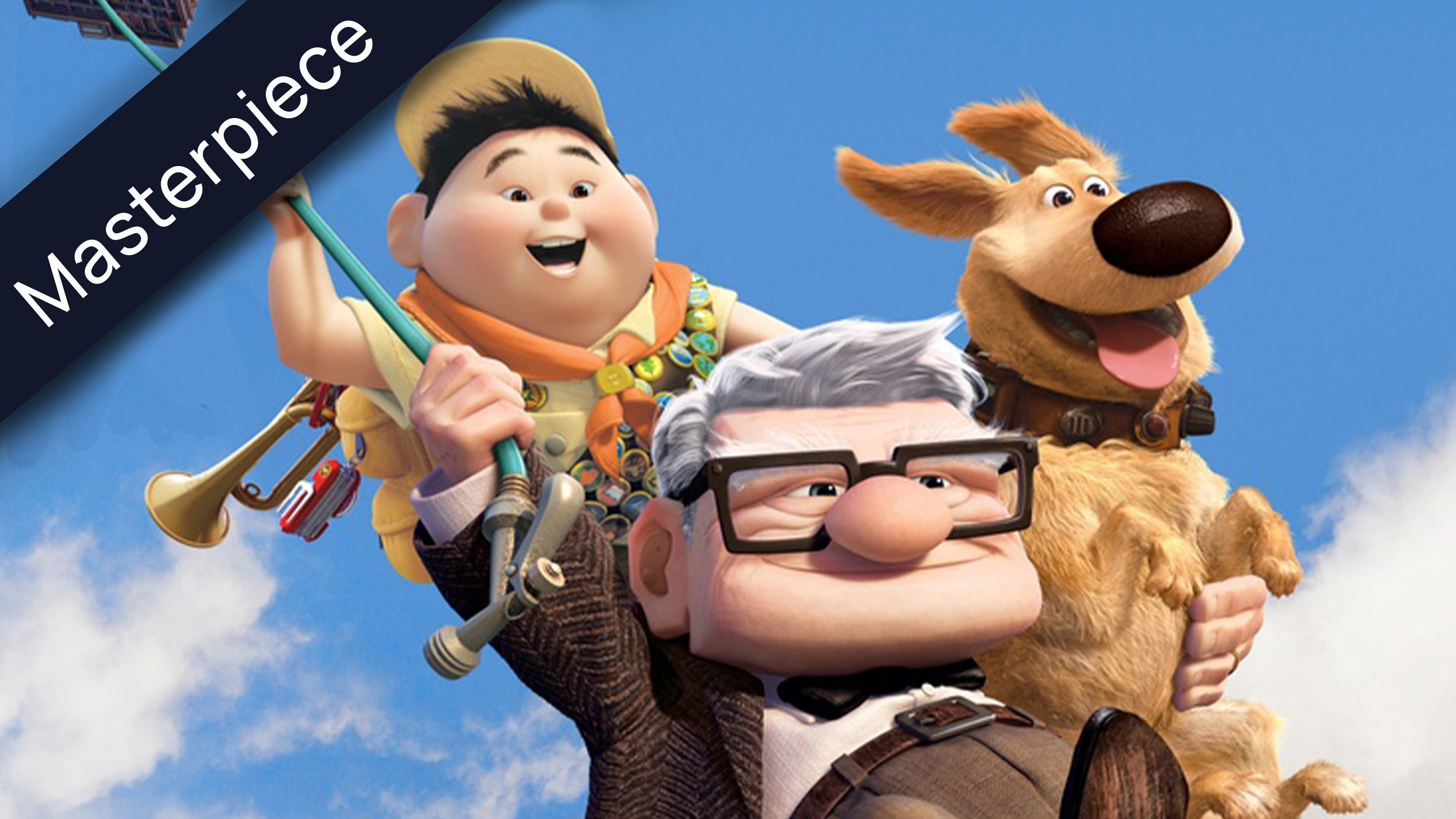 Up movie characters Carl, Russell, and Dug soaring in the sky with a Masterpiece banner.