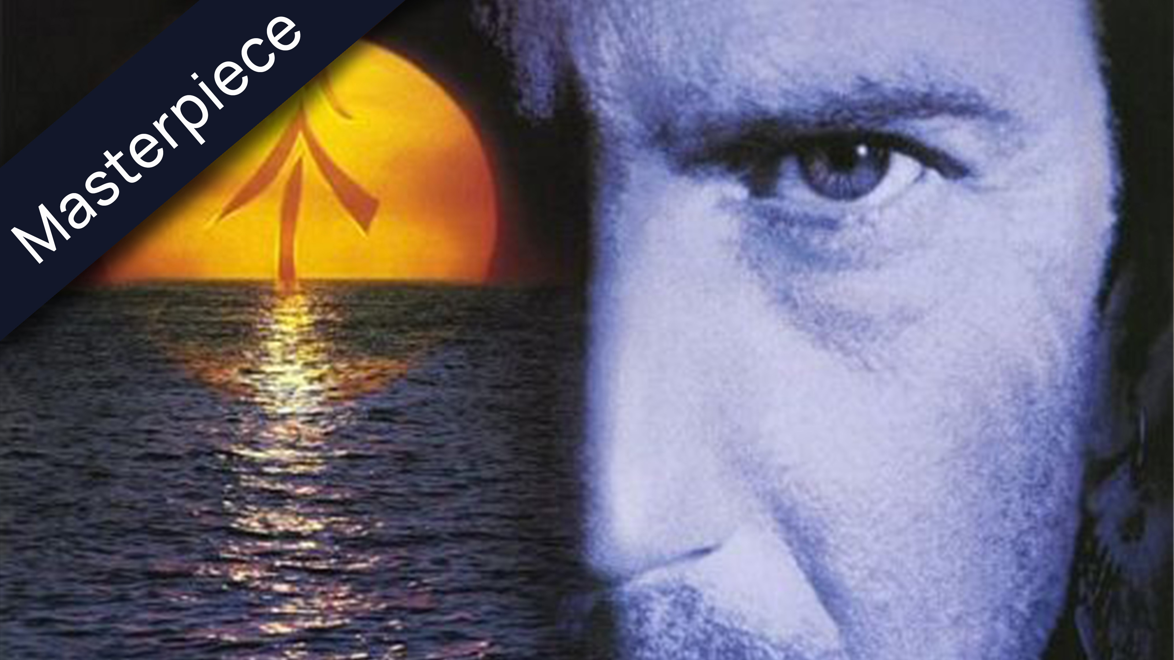 Kevin Costner as the Mariner from Waterworld, with a sunset over the ocean and a Masterpiece banner.