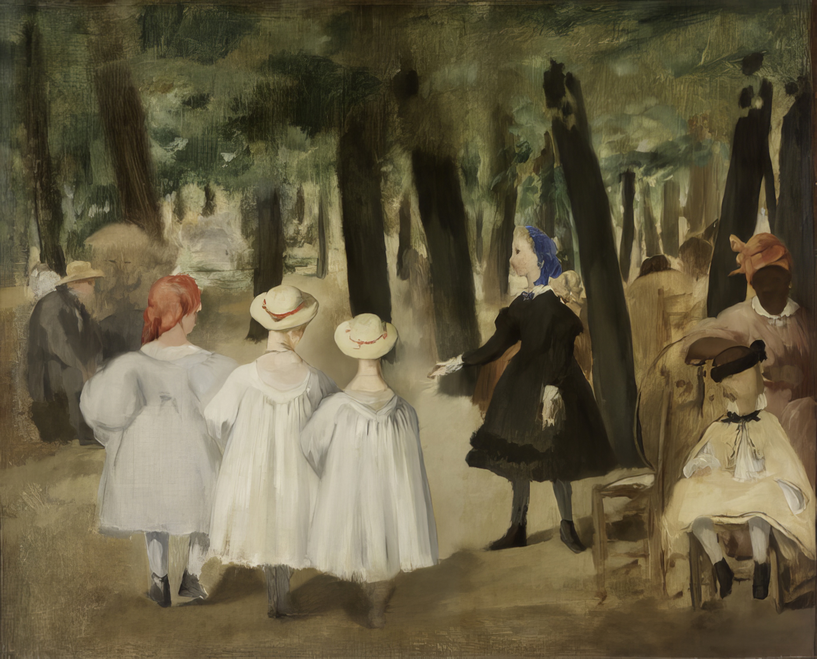 Oil painting depicting children and adults in the Tuileries Garden, Paris. Three children in white dresses with straw hats are seen from behind, while a woman in black gestures towards them. In the background, other figures sit and stand amidst tall trees, suggesting a busy park scene.