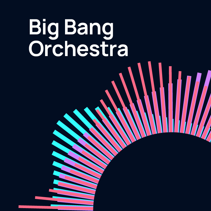 Big Bang Orchestra logo, modern sound visualization representing music dynamics, pink and blue bars on dark background, associated with Vienna Synchron Stage and orchestral libraries.