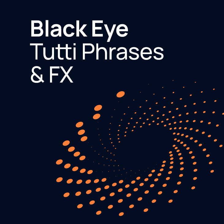 Black Eye Tutti Phrases & FX album cover featuring white text on a dark blue background and an orange swirling dotted pattern.