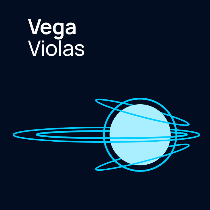 Vega Violas music logo with a light blue planet surrounded by orbiting blue lines on a dark blue background.