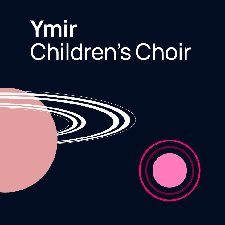 Ymir Children's Choir logo featuring Ymir Children's Choir text, a pink planet with white rings, and a smaller pink circle with red and dark pink rings on a dark blue background.