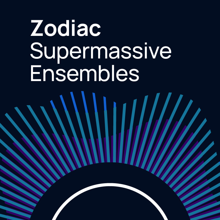 Album cover art for Zodiac Supermassive Ensembles, featuring white text against a dark blue background with radial blue and purple sound waves and a white circular outline.