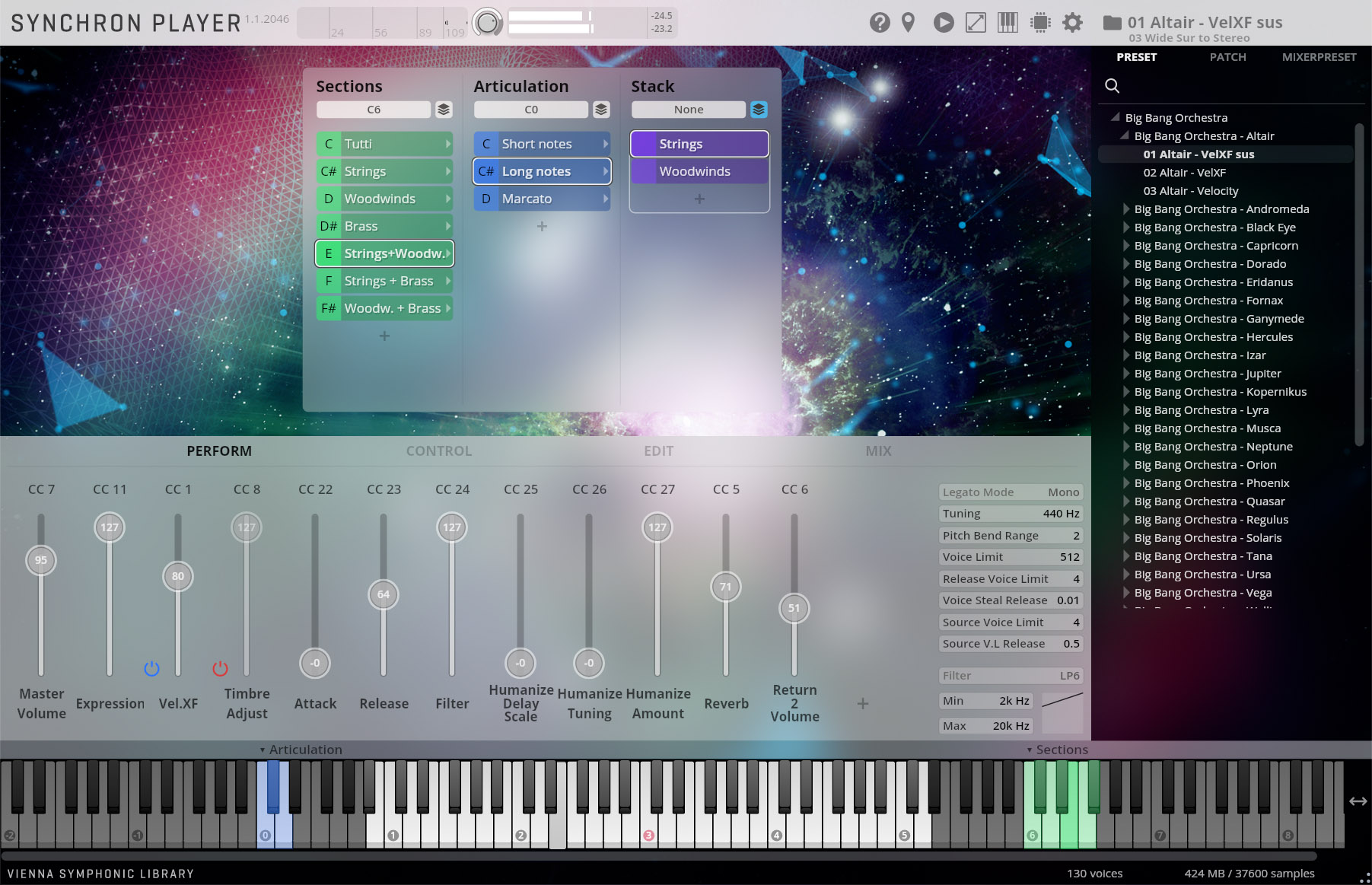 Synchron Player, a digital audio workstation (DAW) interface, displaying musical instrument samples, articulation settings, audio controls, and an orchestral library list, with a virtual keyboard.