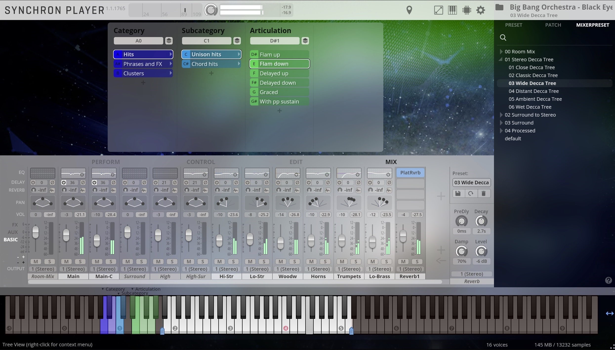 A detailed user interface of the SYNCHRON PLAYER software, version 1.1.1765, displaying categories, subcategories, articulations, and mixer settings for audio production. The Category selection for Hits is highlighted, and in Articulation, Flam down is selected. The mixer includes controls for EQ, delay, reverb, pan, volume, and various audio outputs like Room-Mix, Main, Surround, and Trumpets. A virtual piano keyboard with highlighted keys spans the bottom, depicting musical notes and their assigned categories. The 03 Wide Decca Tree preset is active, with visible settings for PreDly, Decay, Damp, and Level.