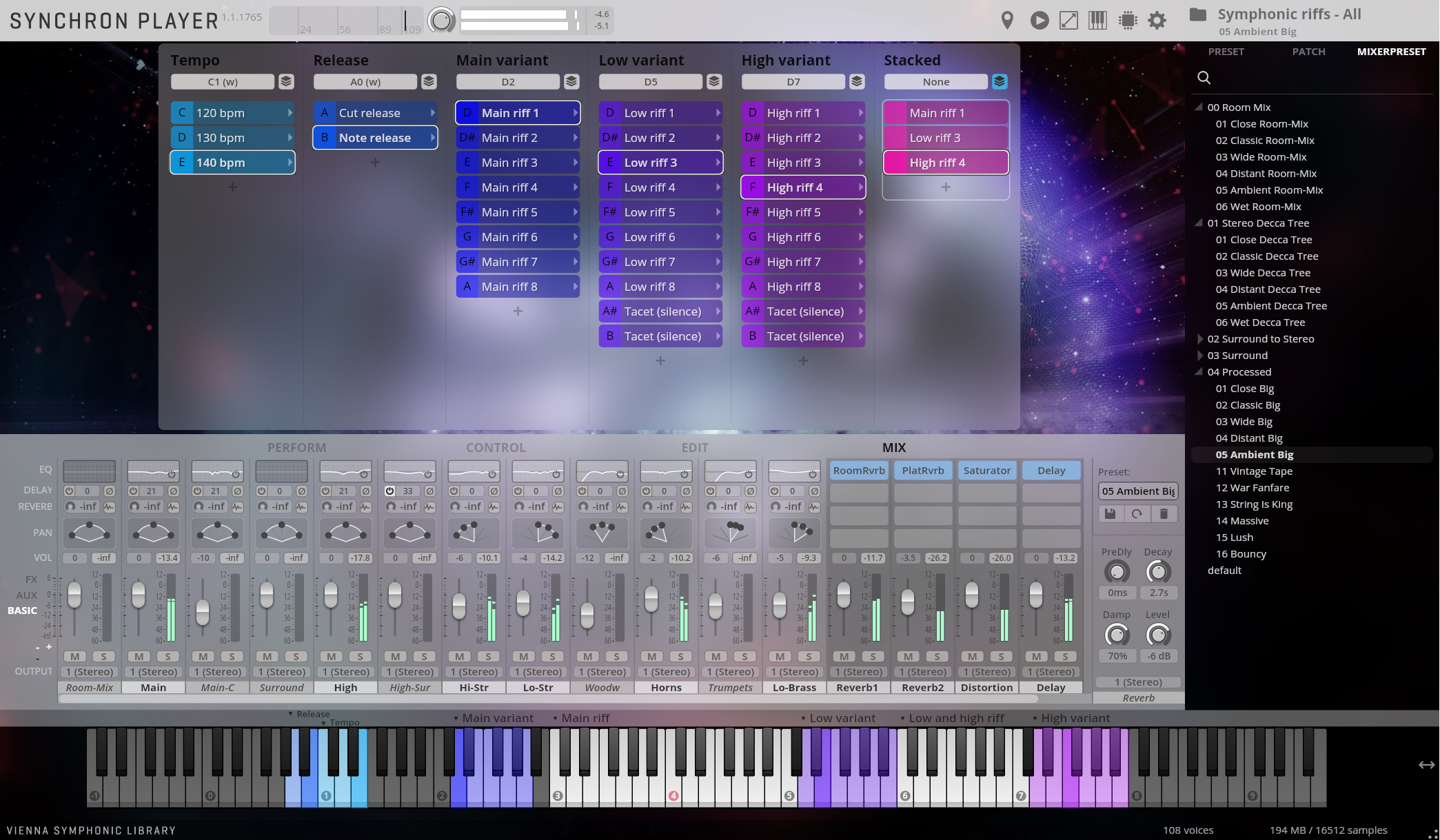 Synchron Player 1.1.1765 interface displaying multiple sound adjustment parameters, including tempo, release, main, low, and high variant sound lists, with a separate mixer section for EQ, delay, reverb, pan, and volume, along with a virtual keyboard at the bottom.
