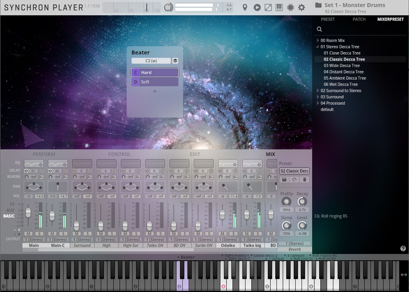 A full-screen view of the Synchron Player software, displaying a galaxy background, sound controls, a Beater menu with Hard and Soft options, and a list of drum presets, including Classic Decca Tree.