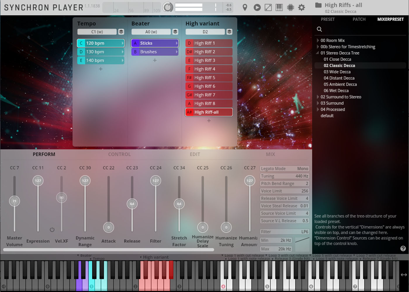 Synchron Player software interface featuring tempo, beater, high variant controls, CC sliders, and preset browser.