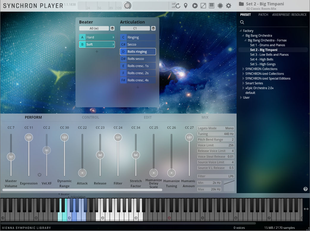 Screenshot of the Synchron Player software interface, showing sound parameters, a keyboard, and menus for Big Timpani instrument settings.