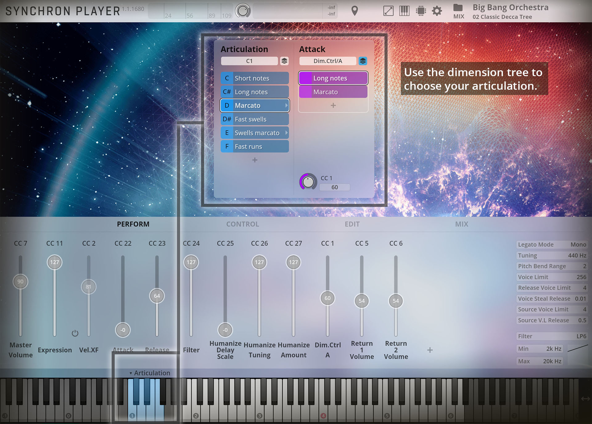 A screenshot of the C: Short notes, C#: Long notes, D: Marcato, D#: Fast swells, E: Swells marcato, and F: Fast runs articulation options within the dimension tree of the SYNCHRON PLAYER software, with the text Use the dimension tree to choose your articulation. displayed.