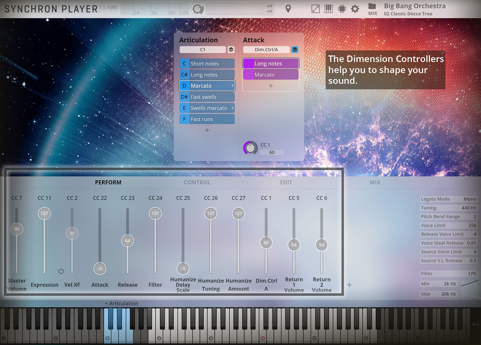 Screenshot of the Synchron Player software interface showing sound settings for articulation, attack, and performance controls with a virtual keyboard at the bottom.