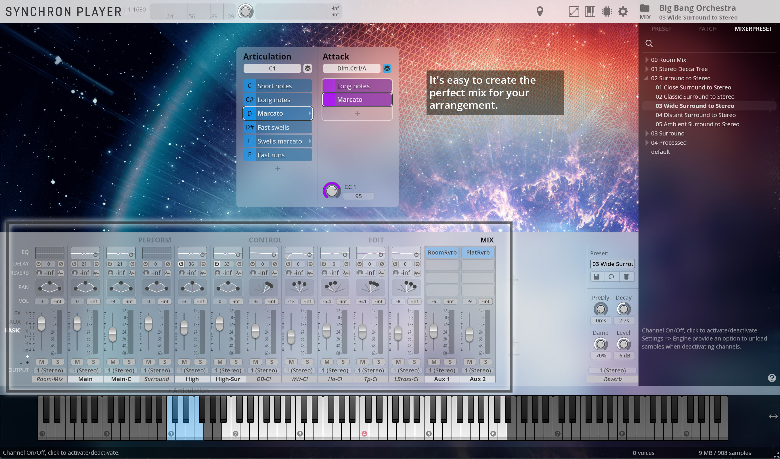 Digital audio workstation (DAW) interface, VST plugin, and virtual instrument for the Synchron Player by Vienna Symphonic Library, displaying articulation, attack, mixer, and keyboard controls.