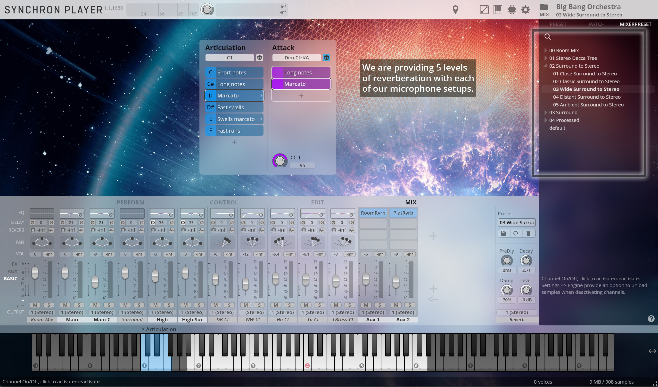 A full screen screenshot of the Synchron Player software interface, optimized for music production with a comprehensive display of articulation, attack, performance controls, and mixing options.