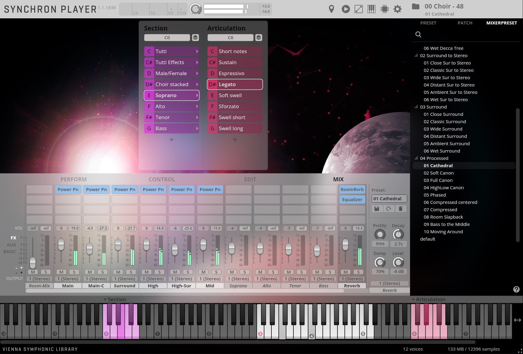 Vienna Symphonic Library Synchron Player software interface, displaying preset, patch, and mixer settings for 00 Choir - 48, with Soprano and Legato selected in purple, and a prominent fader section.