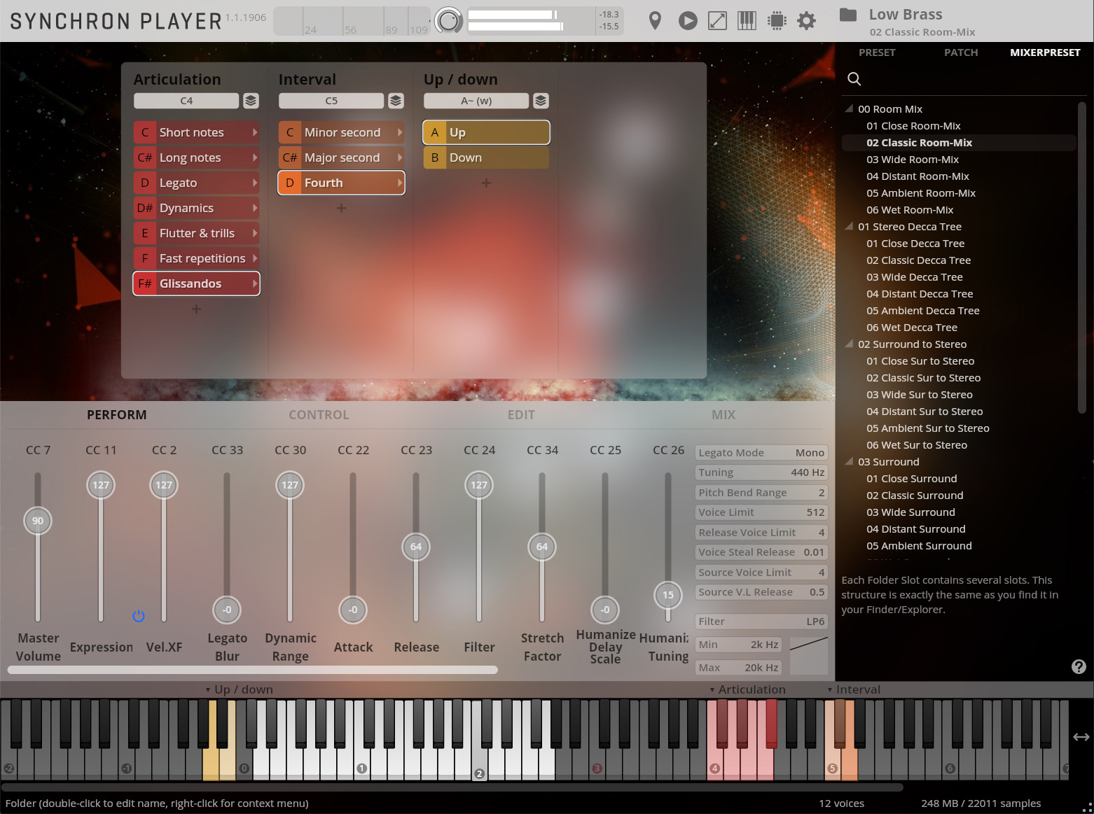 Screenshot of the Synchron Player software interface, displaying articulation settings, mixer presets for Low Brass, and various audio controls for an elaborate music production setup.