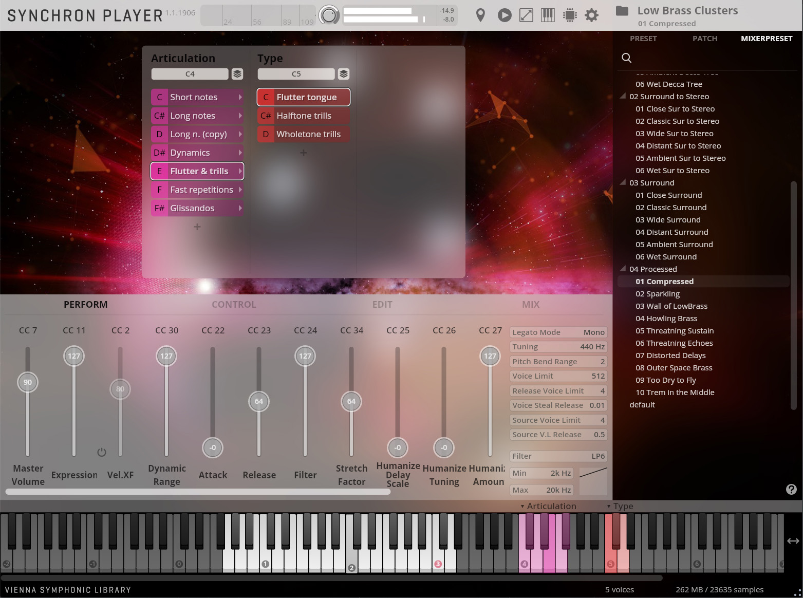 Synchron Player interface with Flutter & trills and Flutter tongue options selected, showing controls for volume, dynamics, attack, release, tuning, and effects, alongside a virtual keyboard and sound library presets.