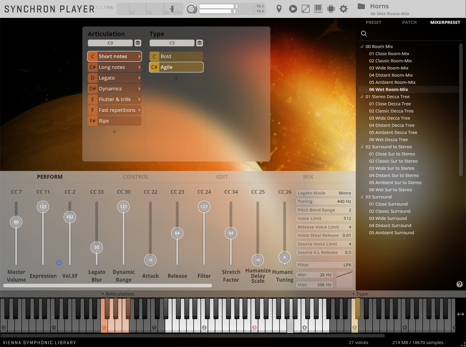 Synchron Player interface showing sound articulation, mixing controls, and preset options for Horns, with Wet Room-Mix selected.