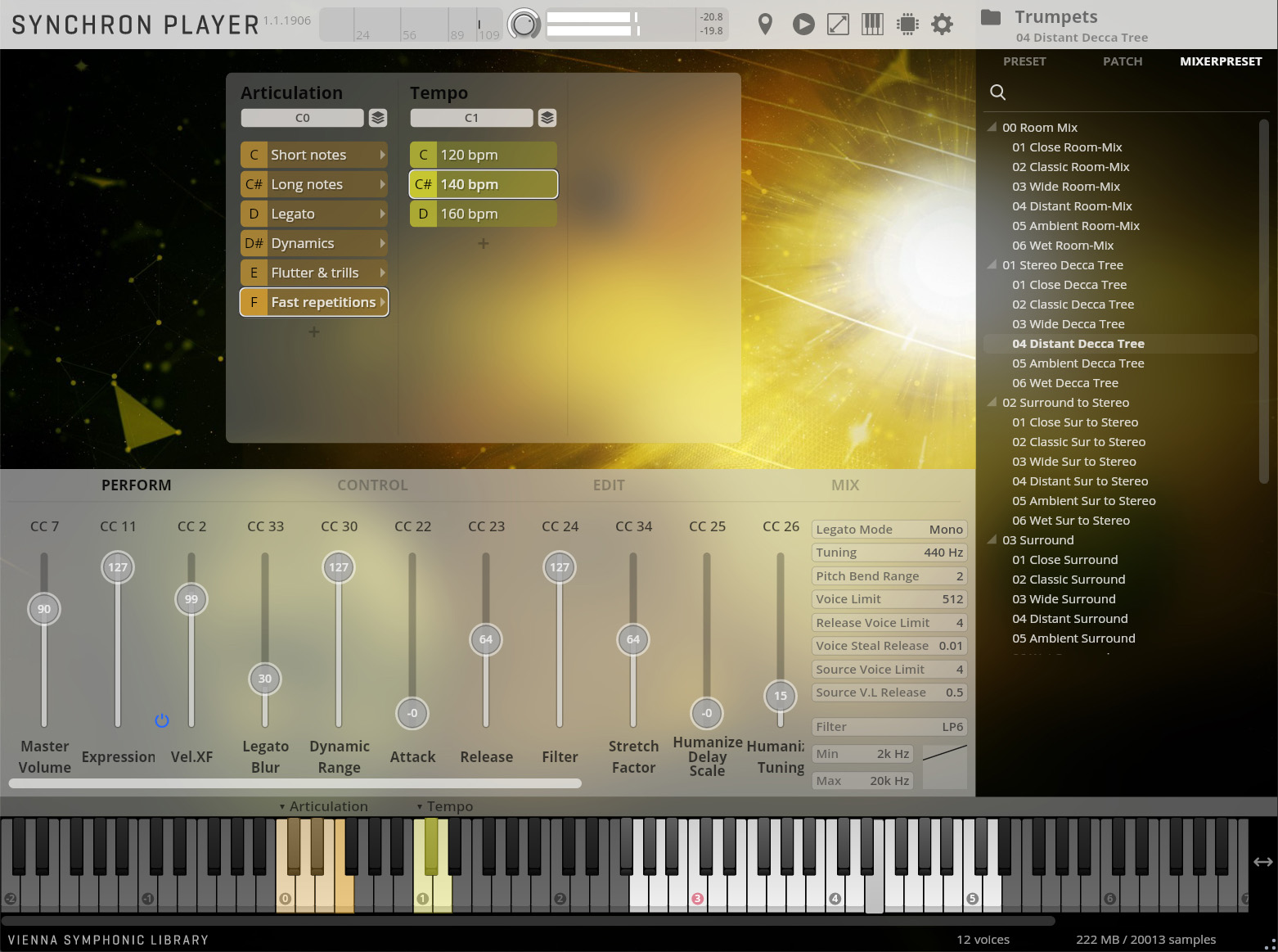 Synchron Player software displaying Trumpets preset, showing articulation, tempo, and mix settings with a virtual keyboard.