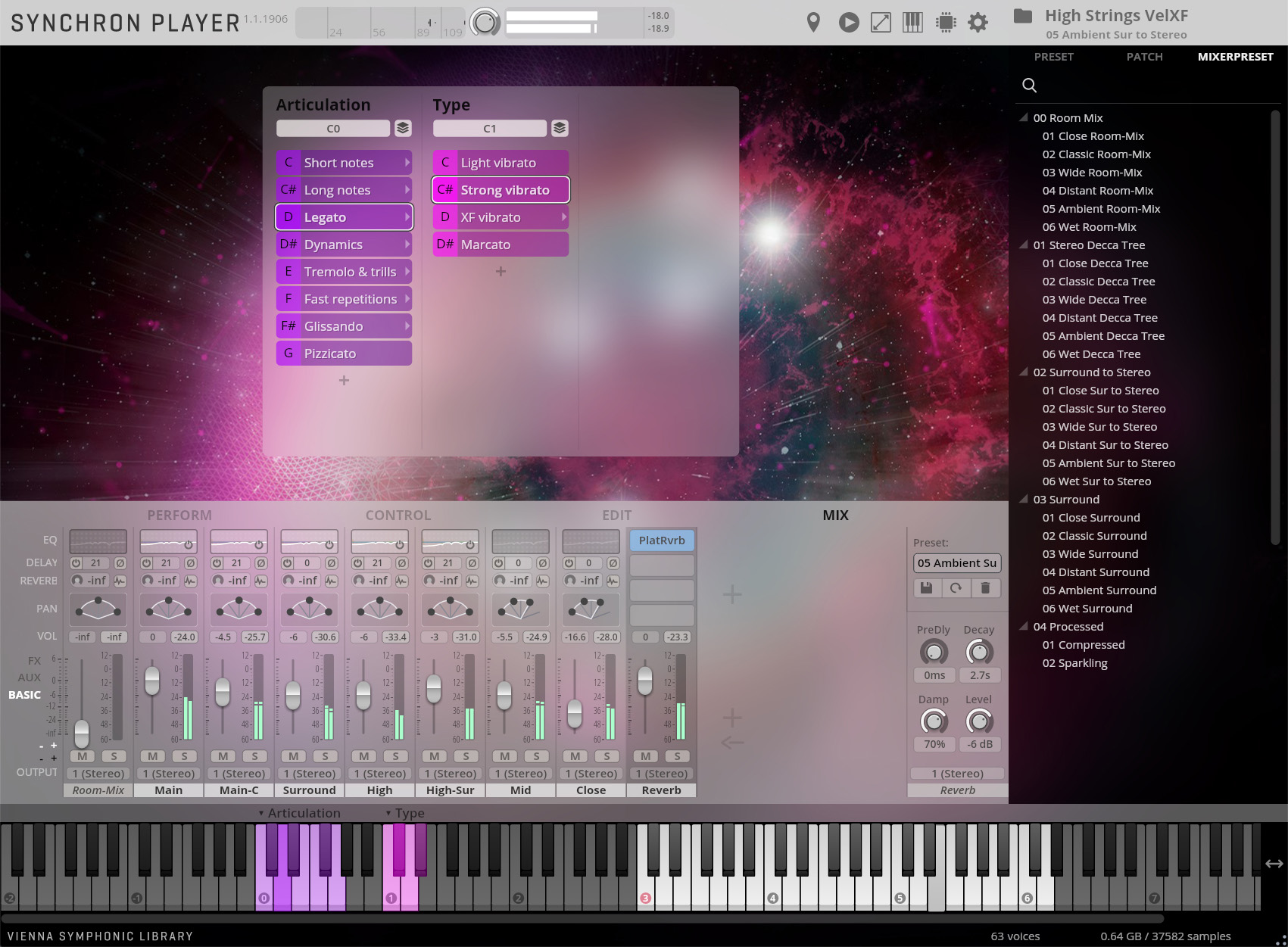 Screenshot of the Synchron Player software by Vienna Symphonic Library, displaying virtual instrument settings for High Strings VelXF. The interface features articulation and type controls, a mixer section with volume and effects, a preset list showing various room and surround mixes, and an interactive piano roll at the bottom. The background is a vibrant purple and pink galaxy.