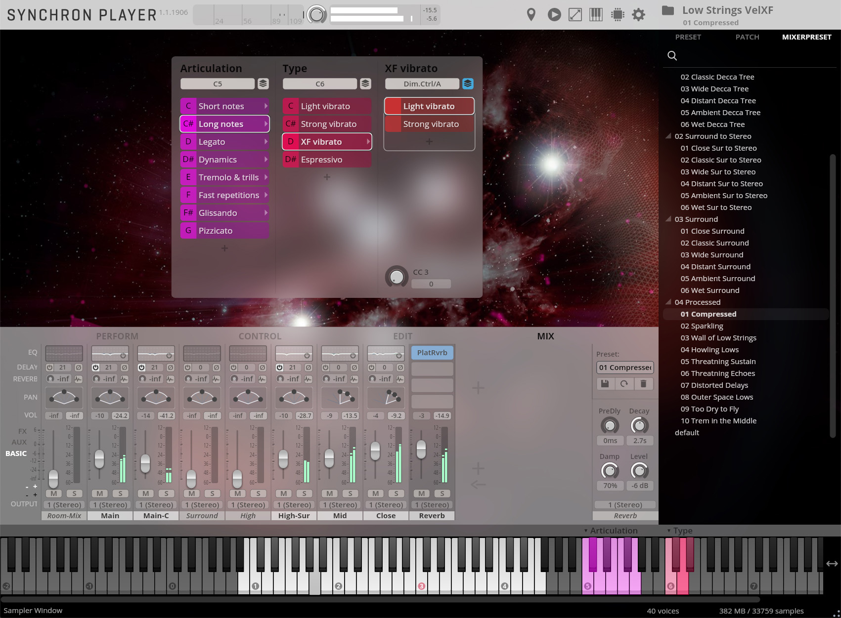 Screenshot of the SYNCHRON PLAYER software interface, displaying various audio articulation and mixing controls, including EQ, volume faders, and a piano roll.