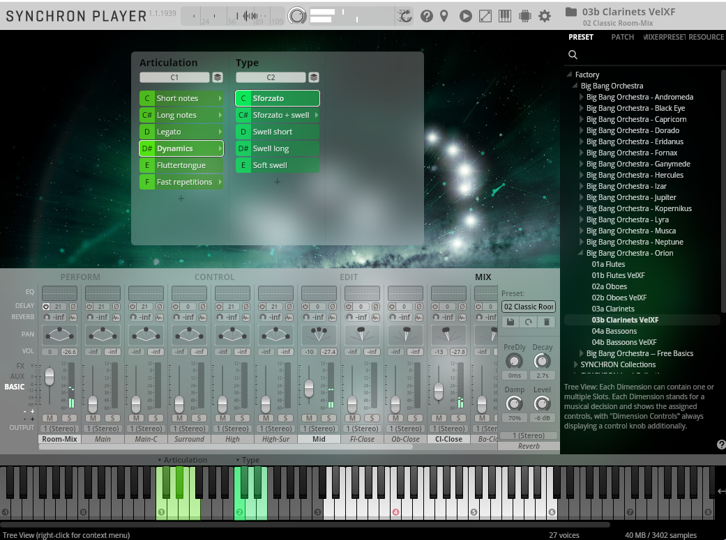 A detailed screenshot of the SYNCHRON PLAYER software interface, displaying articulation and type selection, mixer controls, and a list of available instrument presets, with the 03b Clarinets VelXF option highlighted.
