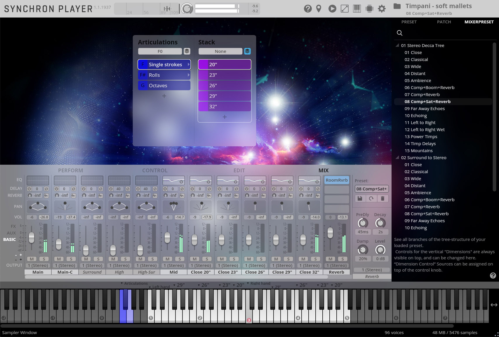 Synchron Player software interface displaying sound controls, articulations, and stack settings for Timpani - soft mallets, showing preset 08 Comp+Sat+Reverb on a dark background with abstract light patterns.