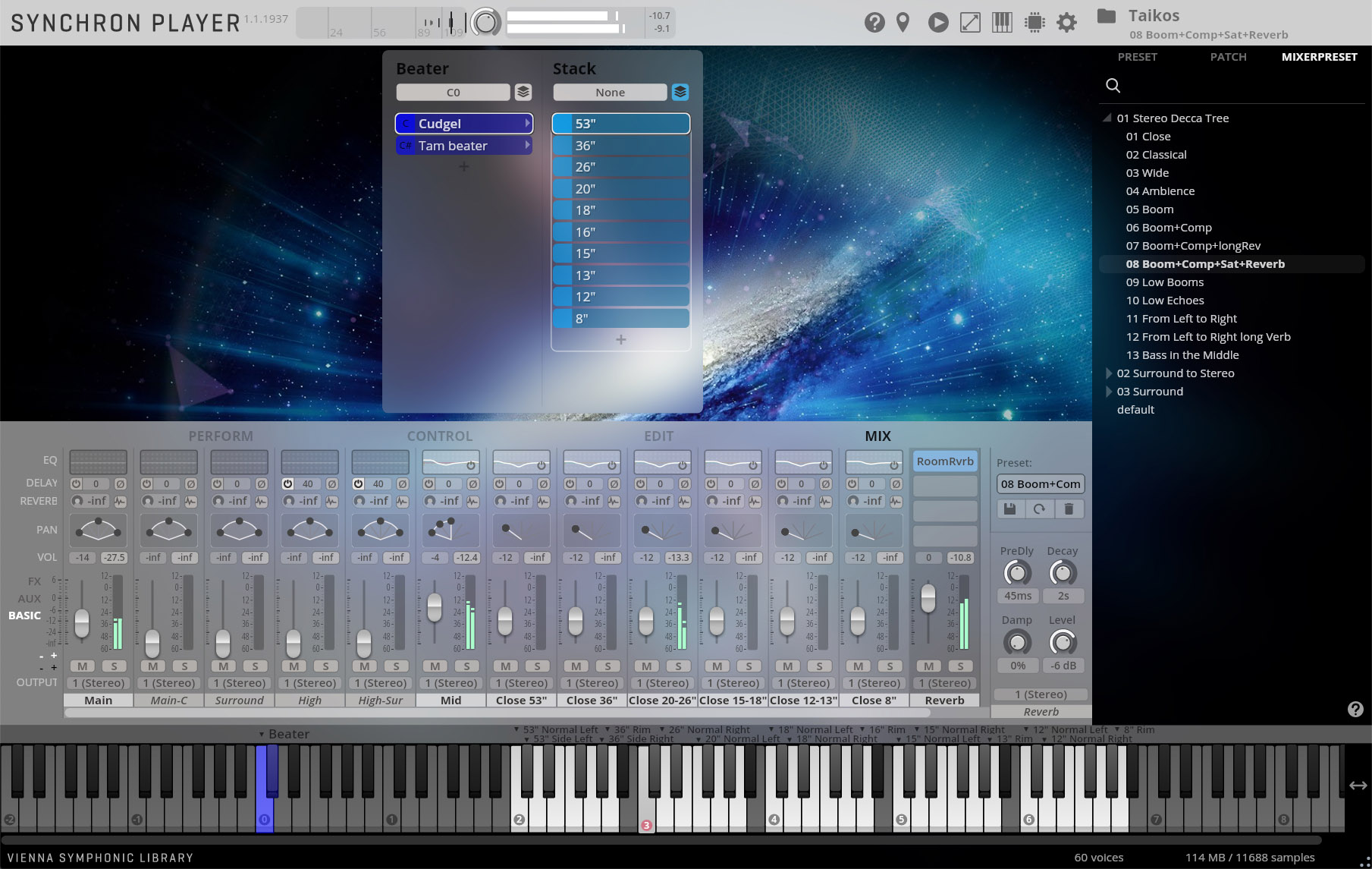 Screenshot of the Synchron Player software interface, showing Cudgel selected as the beater type and a list of cymbal sizes for the Stack in the instrument configuration panel. Below, the mixer section with various audio controls like EQ, Delay, Reverb, Pan, and volume sliders. The virtual keyboard displays an active note.