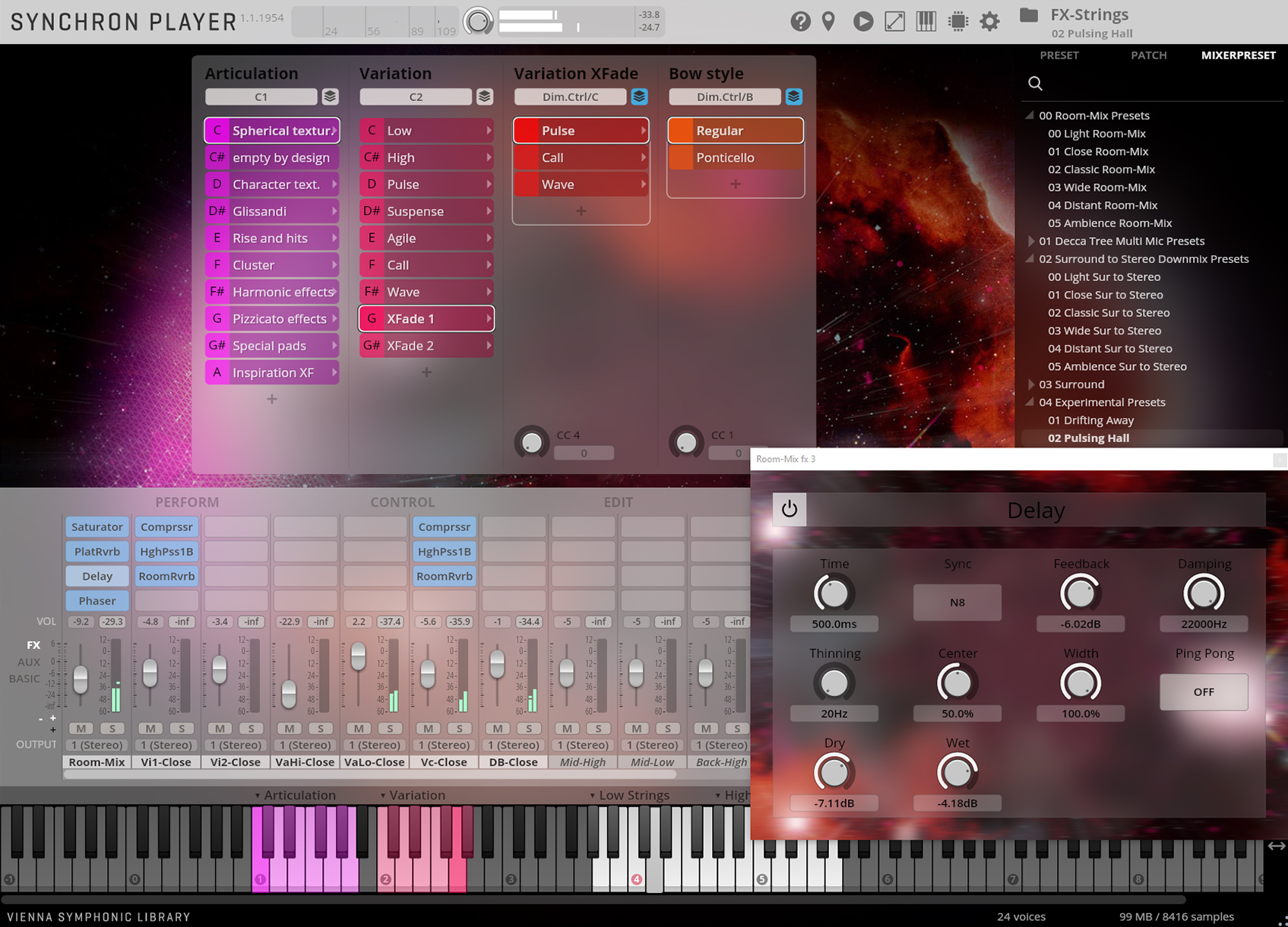 A screenshot of the Vienna Symphonic Library Synchron Player software, showing the main user interface with articulation, variation, bow style, mixer, and effect controls, including an open Delay effect window.