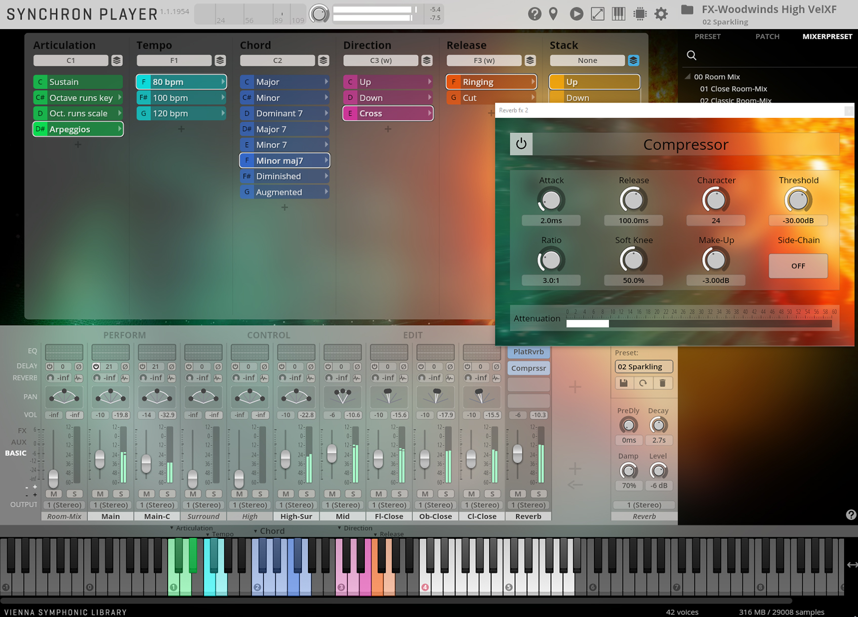 Screenshot of the Vienna Synchron Player software, displaying various audio parameters for instrument articulation, tempo, chord, direction, release, and stack. The interface includes controls for EQ, reverb, pan, volume, and auxiliary sends, with a highlighted Compressor effect window showing attack, release, character, threshold, ratio, soft knee, make-up, and side-chain settings. A digital piano keyboard with highlighted keys spans the bottom of the screen.