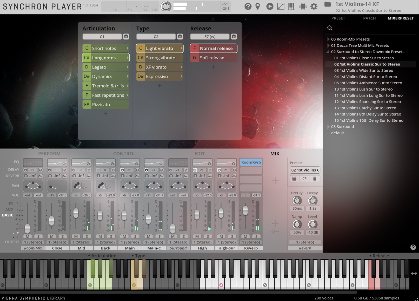 Synchron Player 1st Violins-14 XF software interface, displaying articulation, type, and release settings, mixer presets, adjustable audio controls for EQ, delay, reverb, pan, volume, FX, and AUX, with a virtual keyboard.