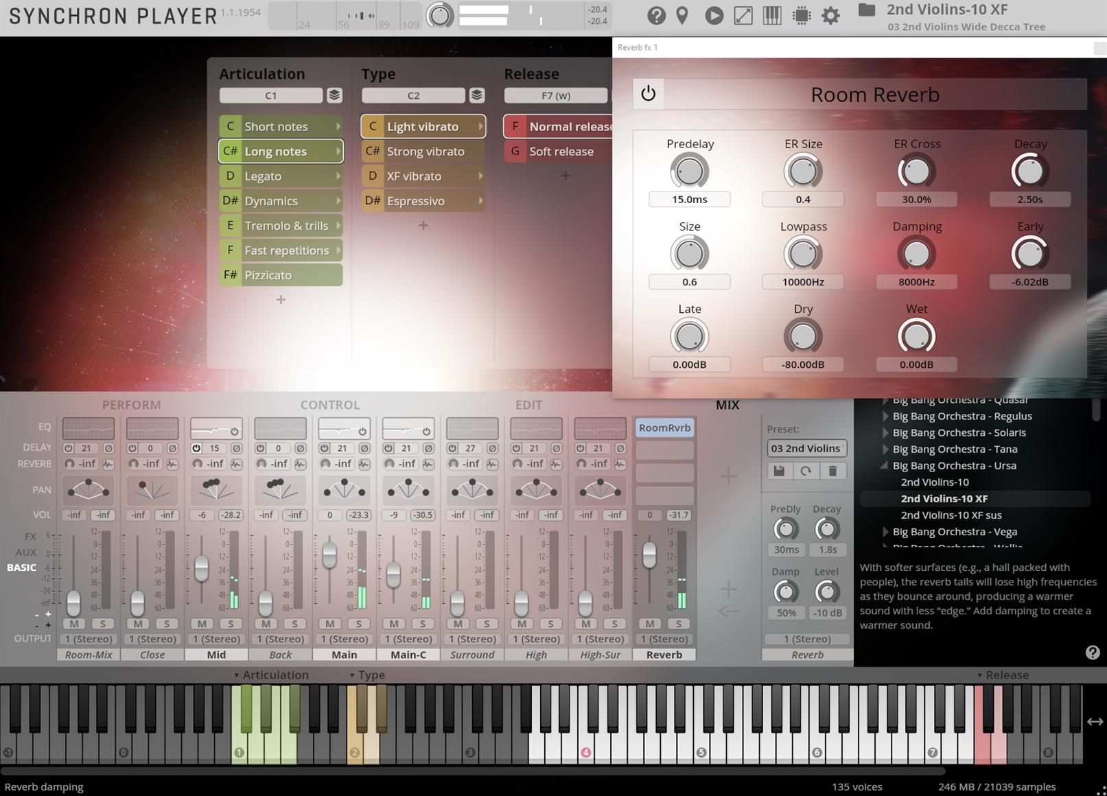 Comprehensive screenshot of the Synchron Player software interface, displaying articulation key zones, vibrato types, release options, and Room Reverb effect parameters, along with a virtual piano keyboard.