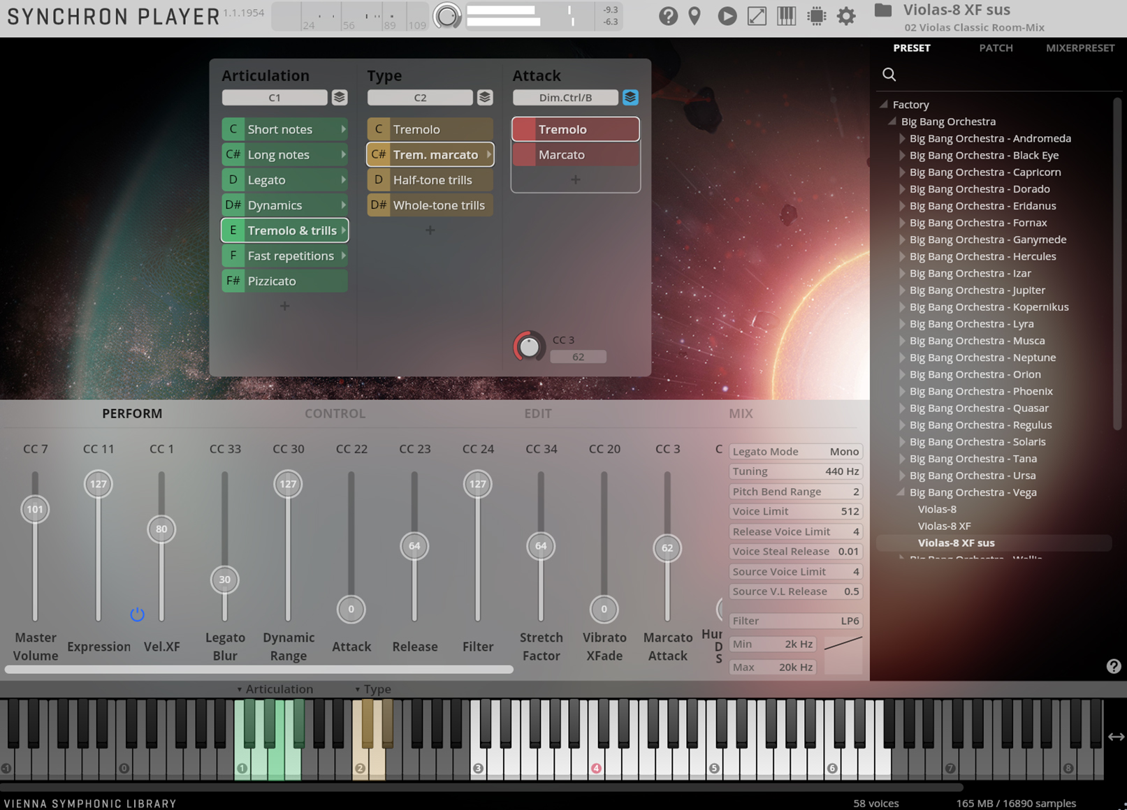 Screenshot of the Vienna Symphonic Library Synchron Player software interface, displaying articulation, type, attack, performance, control, edit, and mix settings, with Violas-8 XF sus selected.