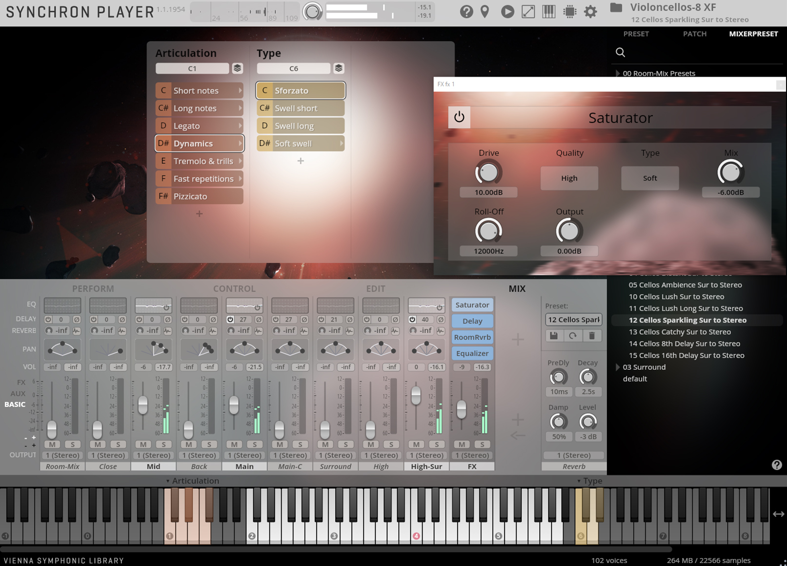Screenshot of the SYNCHRON PLAYER software interface, showing detailed controls for musical articulation, instrument type, mixer settings, effects like saturator, delay, and equalizer, and a piano keyboard at the bottom, all within the Violoncellos-8 XF preset.