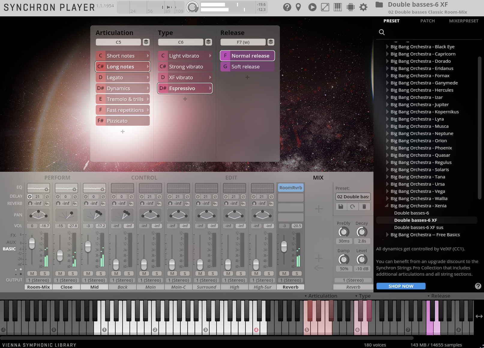 Synchron Player software interface featuring articulation, type, and release menus, controls for perform, control, edit, and mix, and a musical keyboard.