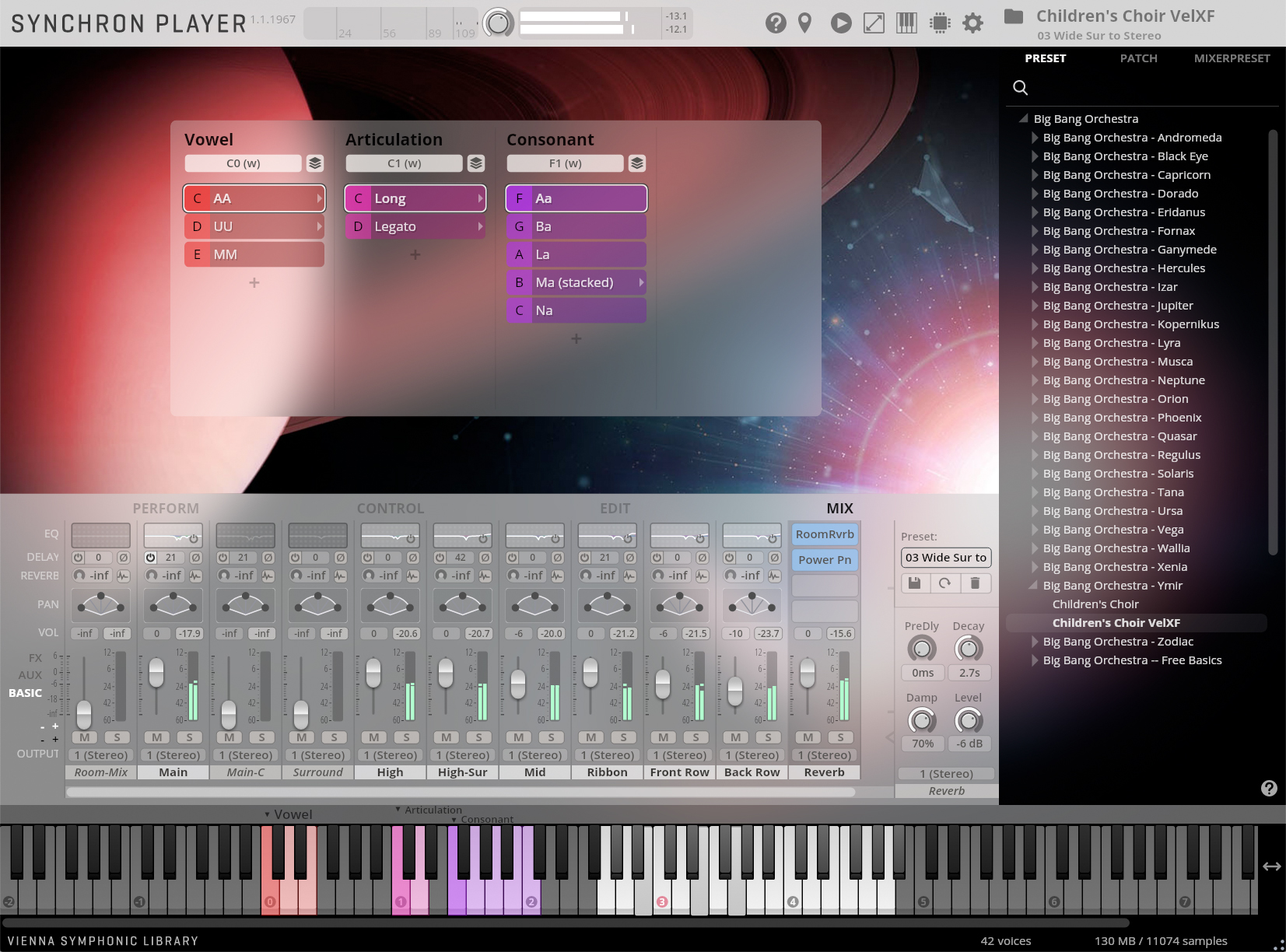 Screenshot of the Synchron Player software, showing the Children's Choir VelXF instrument loaded. The interface displays sections for Vowel, Articulation, and Consonant selection, along with detailed controls for Perform, Control, Edit, and Mix parameters, and a preset browser on the right.