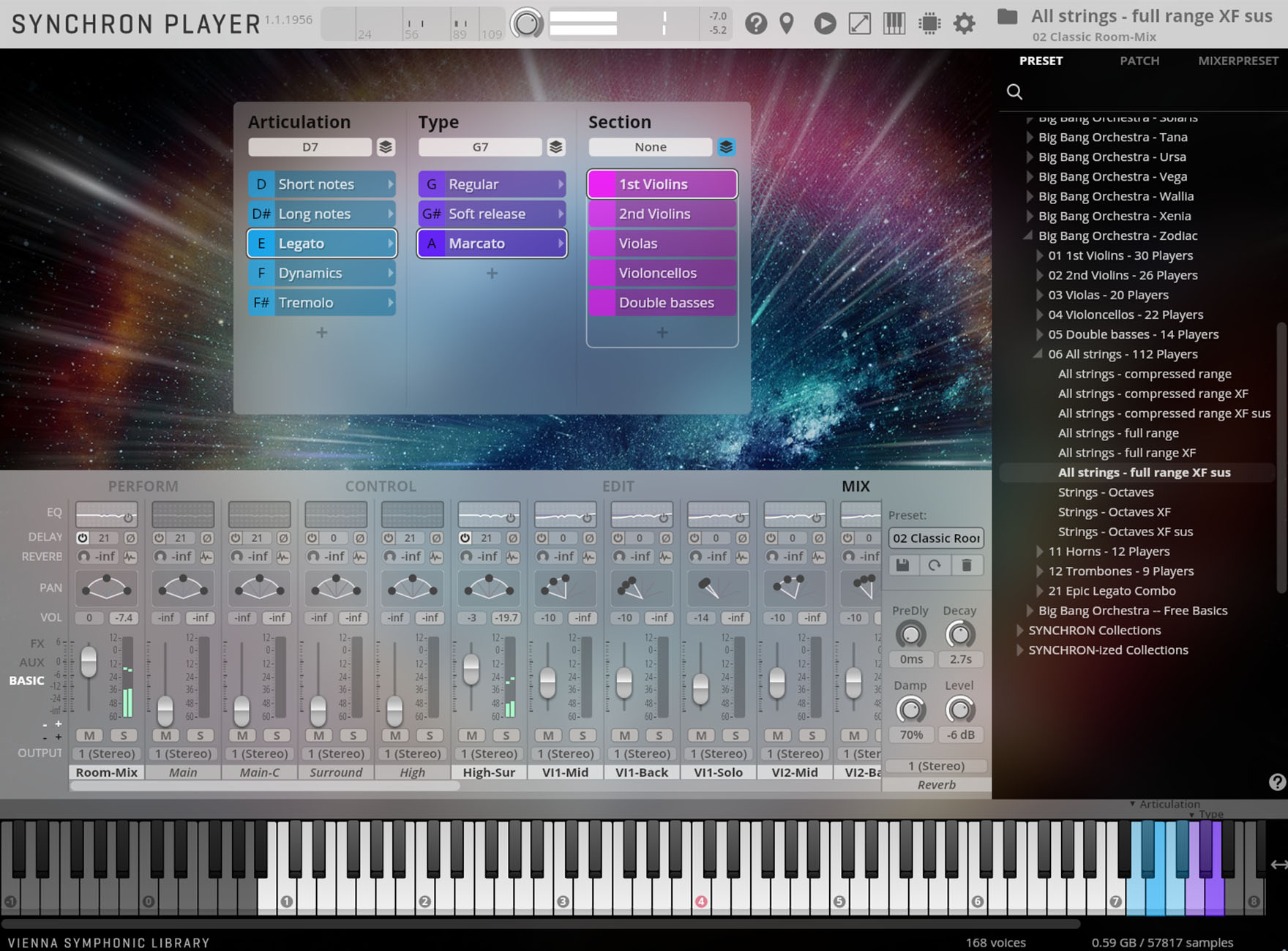 User interface of the Synchron Player virtual instrument, displaying articulation, type, section, and mix controls for orchestral strings.