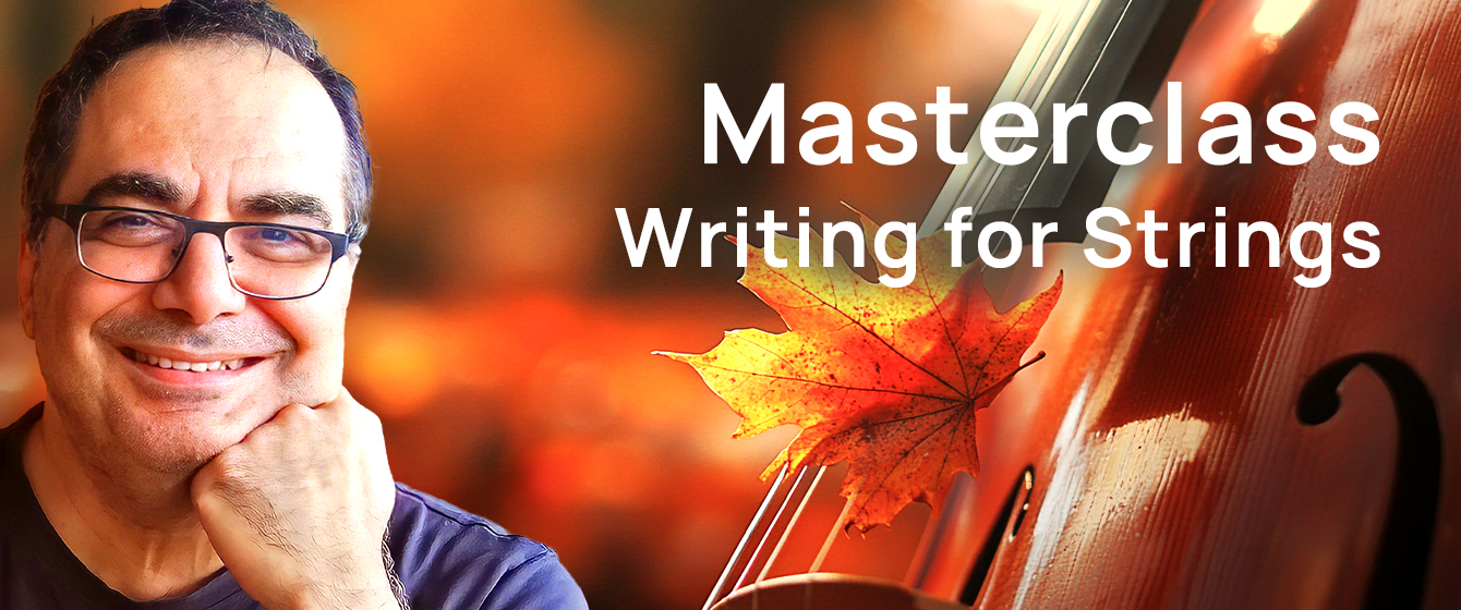 Man in glasses smiling, next to a cello with an autumn leaf and text Masterclass Writing for Strings.